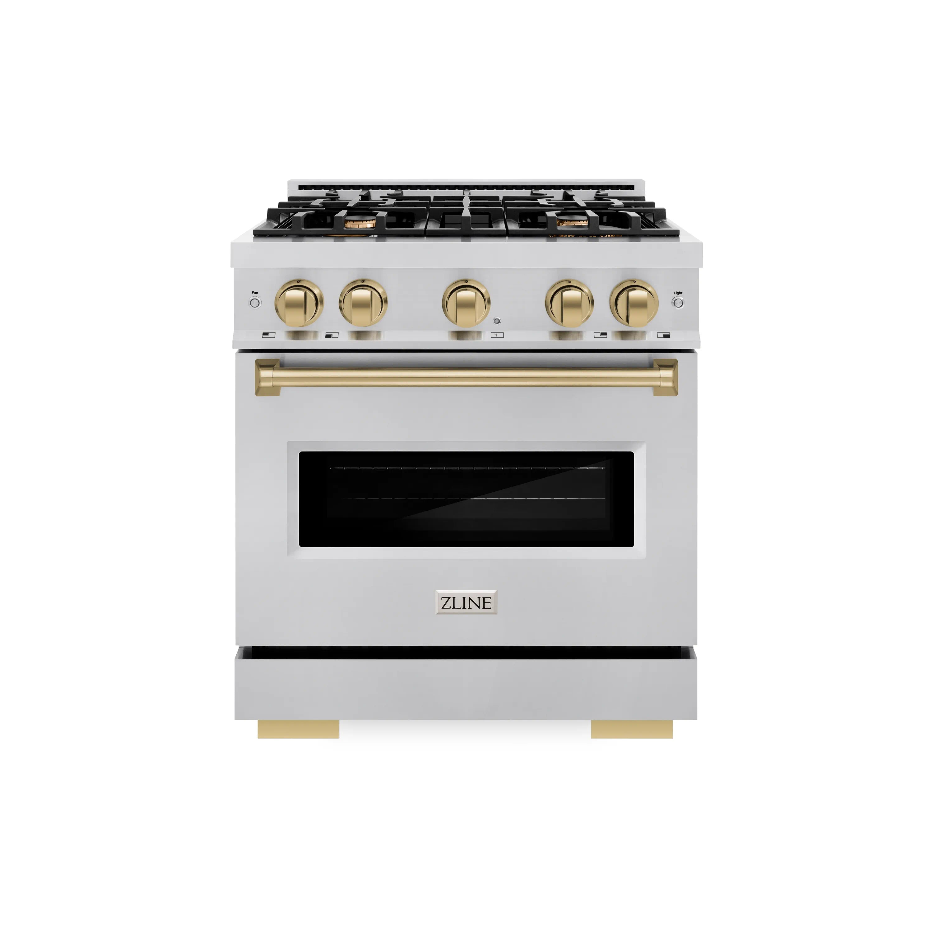 Stainless steel gas range front view with cooktop, bronze handle, and black oven window