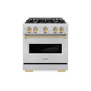 ZLINE 5-Piece Appliance Package - 30-Inch Gas Range, Hood, Refrigerator with Water Dispenser, Dishwasher, and Microwave Drawer in Stainless Steel with Champagne Bronze Accents