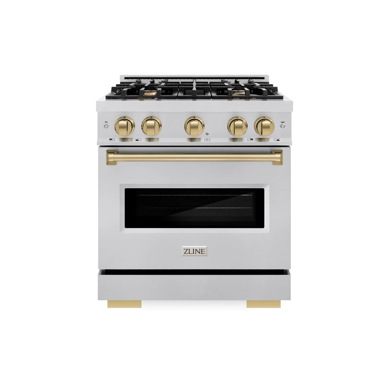 ZLINE 4-Piece Appliance Package - 30-Inch Gas Range, Hood, Refrigerator with Water Dispenser, and Dishwasher in Stainless Steel with Champagne Bronze Accents