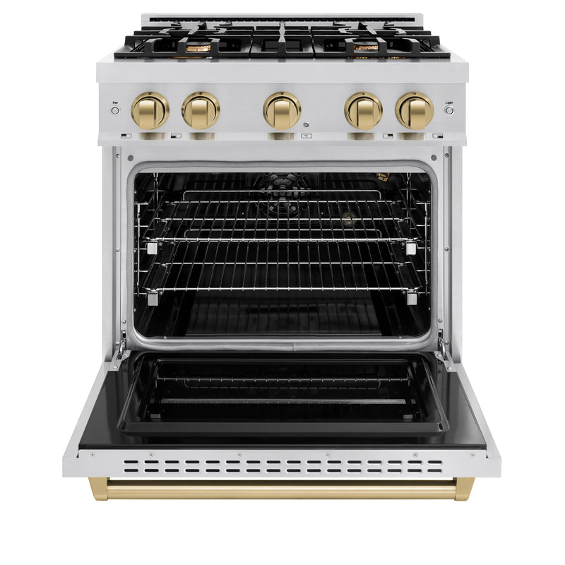 ZLINE 4-Piece Appliance Package - 30-Inch Gas Range, Hood, Refrigerator with Water Dispenser, and Dishwasher in Stainless Steel with Champagne Bronze Accents