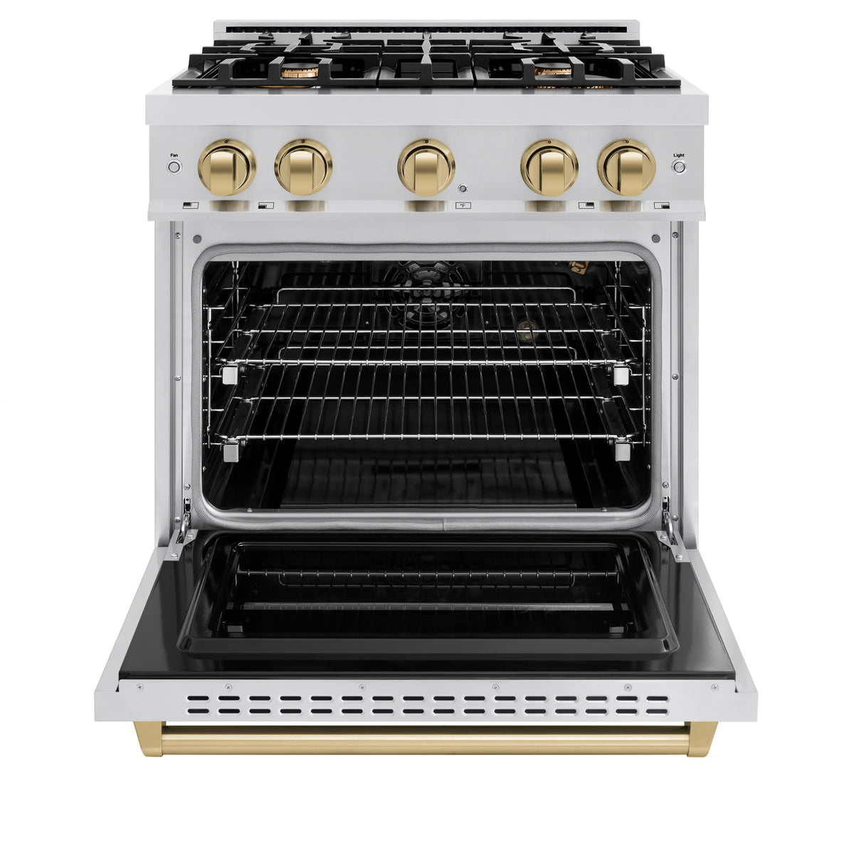 Stainless steel gas range with open oven door and top burner grates