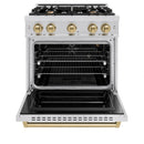 ZLINE 5-Piece Appliance Package - 30-Inch Autograph Edition Gas Range, Wall Mount Range Hood, 36-Inch French Door Refrigerator with Water Dispenser, Dishwasher, and 30-Inch Microwave Drawer in Stainless Steel with Champagne Bronze Accents