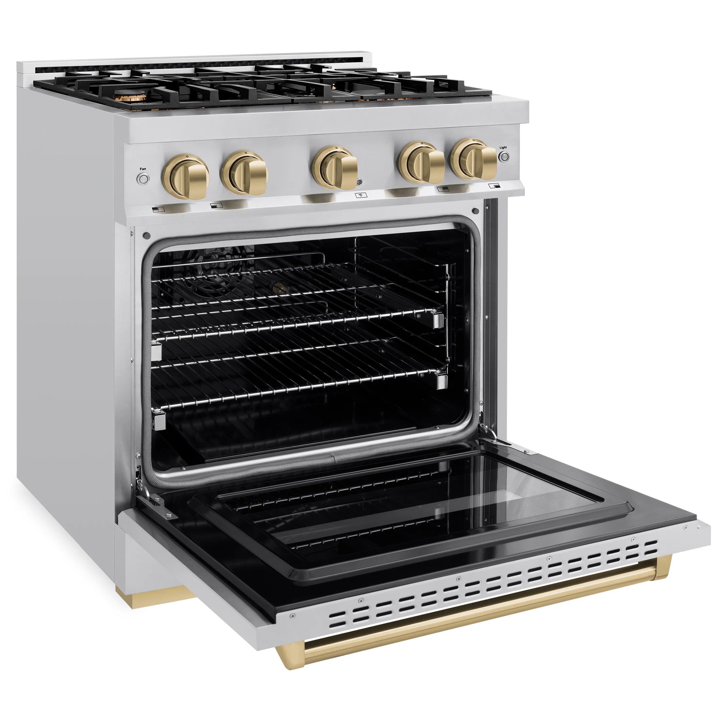 Stainless steel gas range with open oven door, black racks, and bronze control knobs
