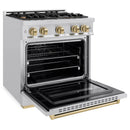 ZLINE 5-Piece Appliance Package - 30-Inch Autograph Edition Gas Range, Wall Mount Range Hood, 36-Inch French Door Refrigerator with Water Dispenser, Dishwasher, and 30-Inch Microwave Drawer in Stainless Steel with Champagne Bronze Accents