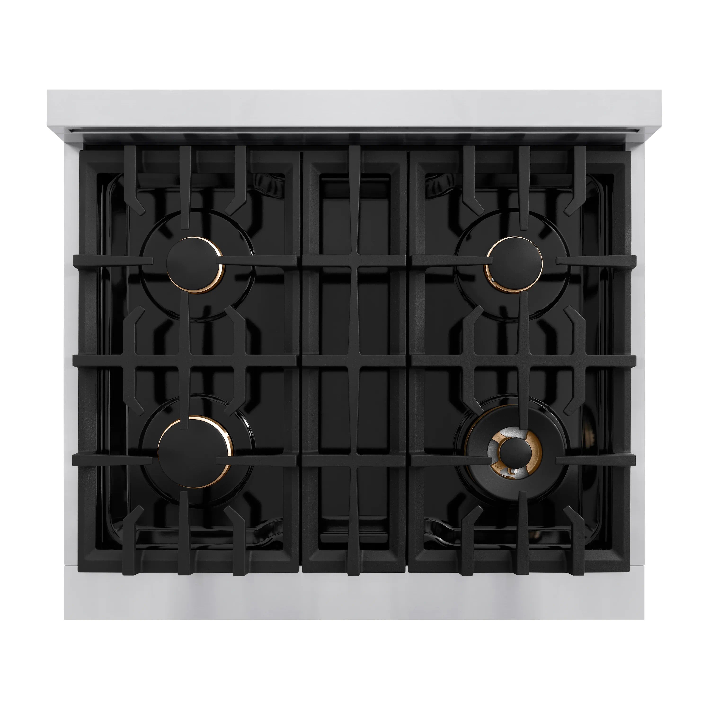 Stainless steel gas range cooktop with four black burner grates and bronze-style knobs