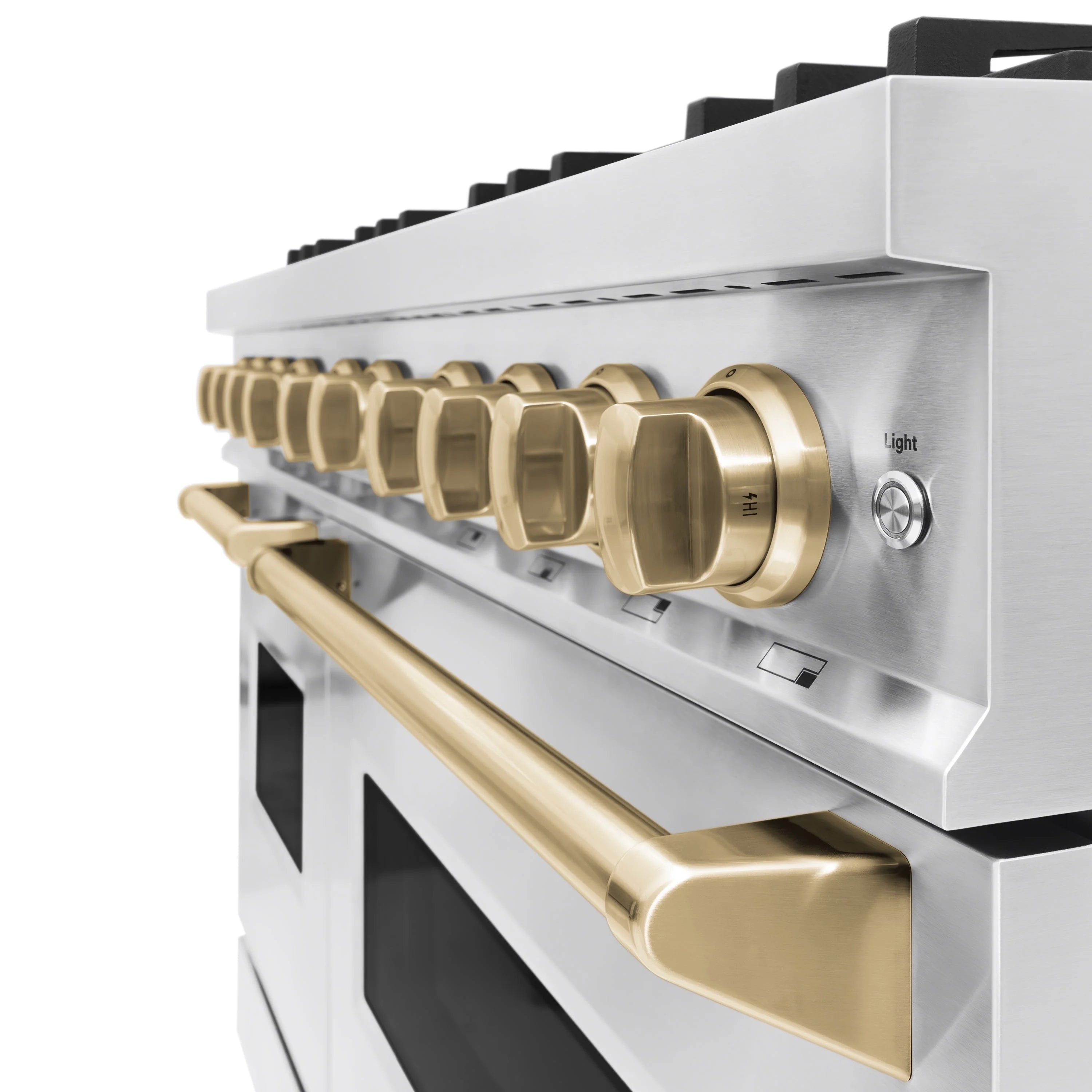 Stainless steel control panel with champagne bronze knobs and 'Light' indicator
