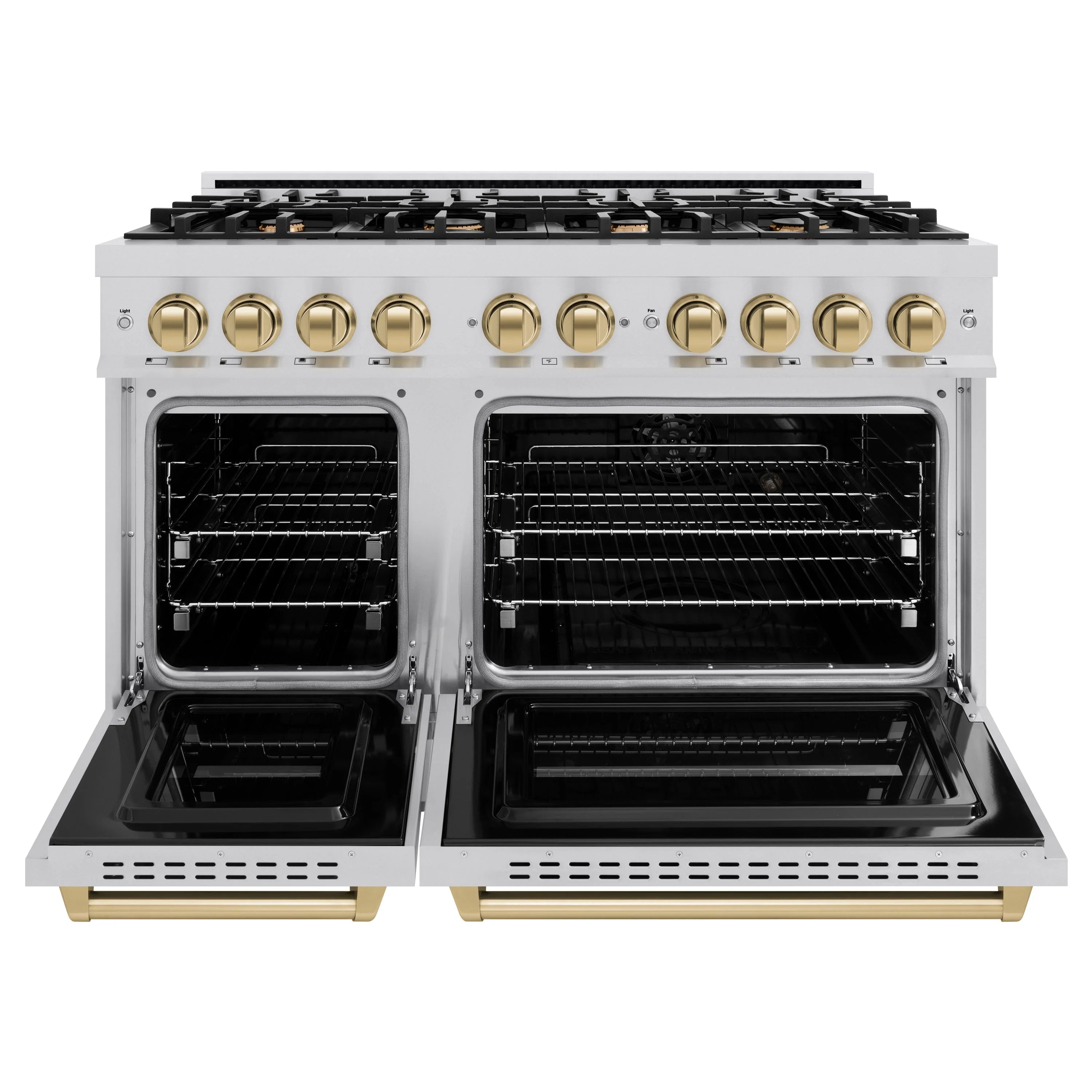 Stainless steel gas range with two open ovens and champagne bronze control knobs