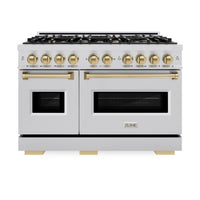ZLINE Autograph Edition 48-Inch Classic Series Gas Range with 8 Gas Burner Cooktop and 6.7 Cu. Ft. Gas Convection Oven  in Stainless Steel and Champagne Bronze Accents (CGRZ-48-CB)