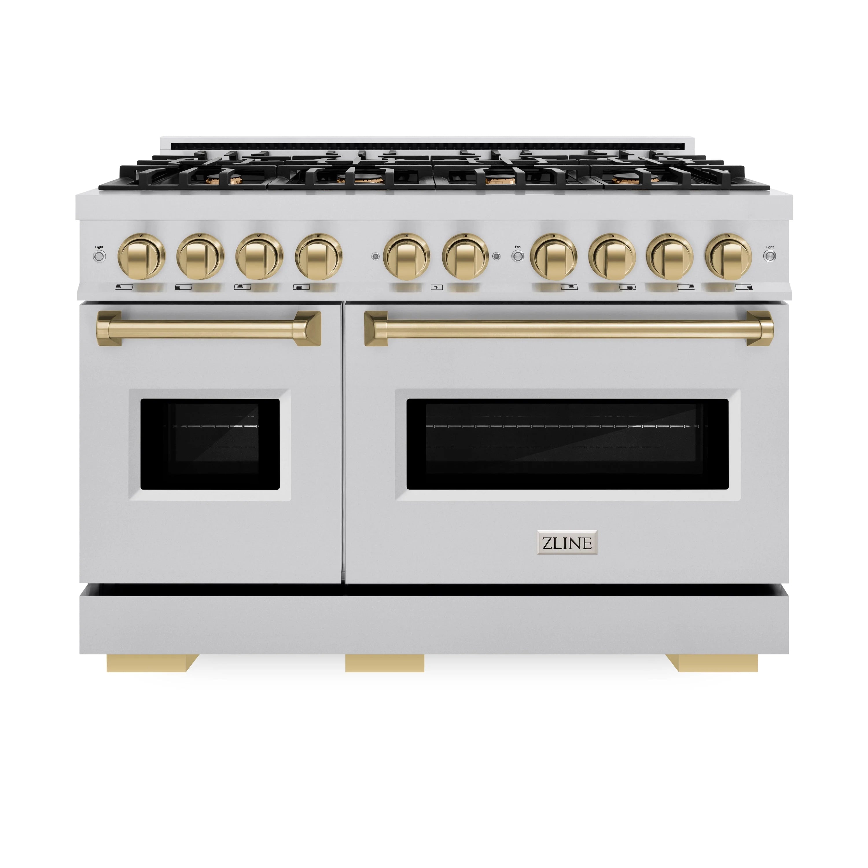 Stainless steel gas range front with two oven doors and champagne bronze control knobs