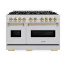 ZLINE 4-Piece Appliance Package - 48-Inch Gas Range, Hood, Refrigerator with Water Dispenser, and Dishwasher in Stainless Steel with Champagne Bronze Accents