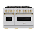 ZLINE 5-Piece Appliance Package - 48-Inch Gas Range, Hood, Refrigerator, Dishwasher, and Microwave Drawer in Stainless Steel with Champagne Bronze Accents