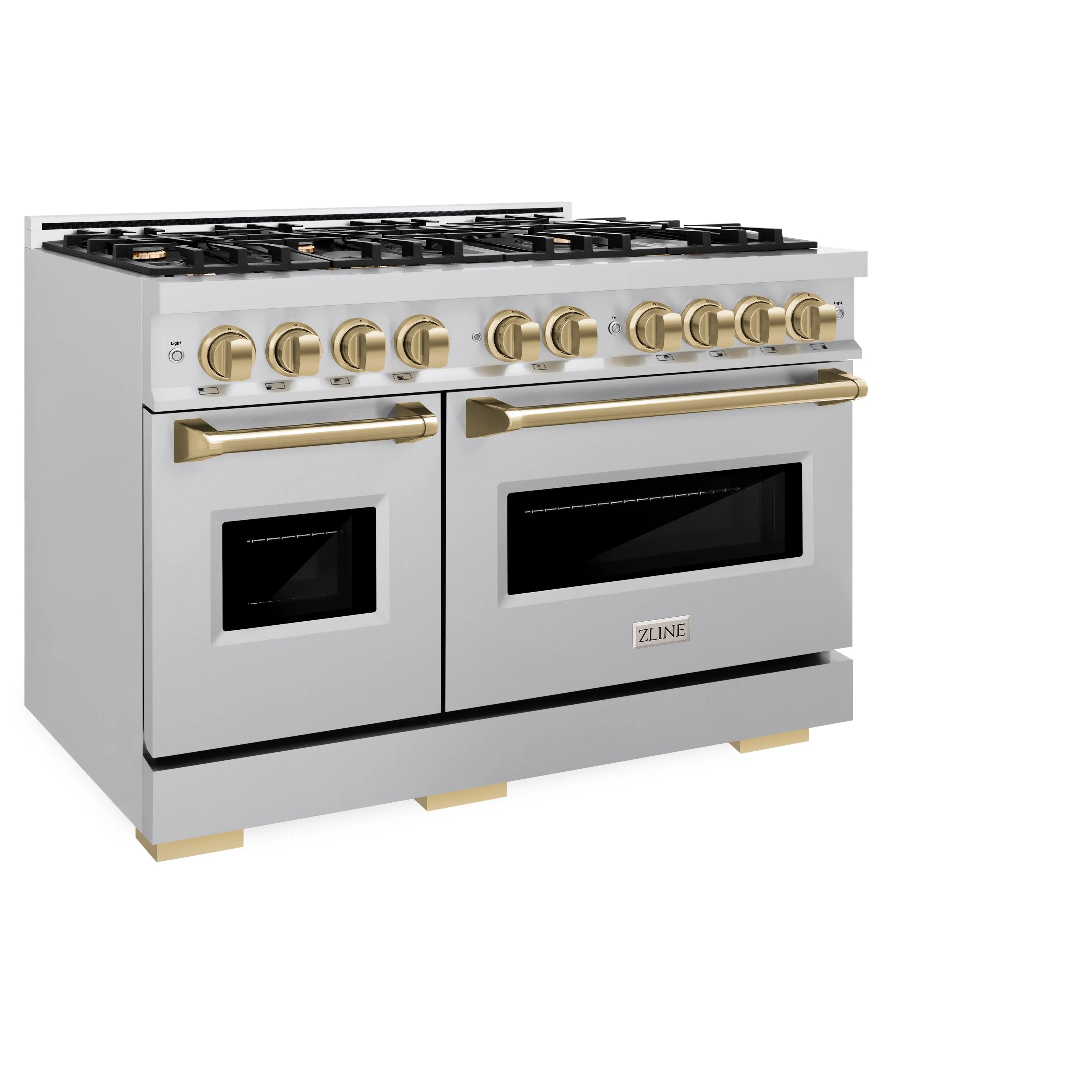 Stainless steel freestanding gas range with black burners and champagne bronze handles