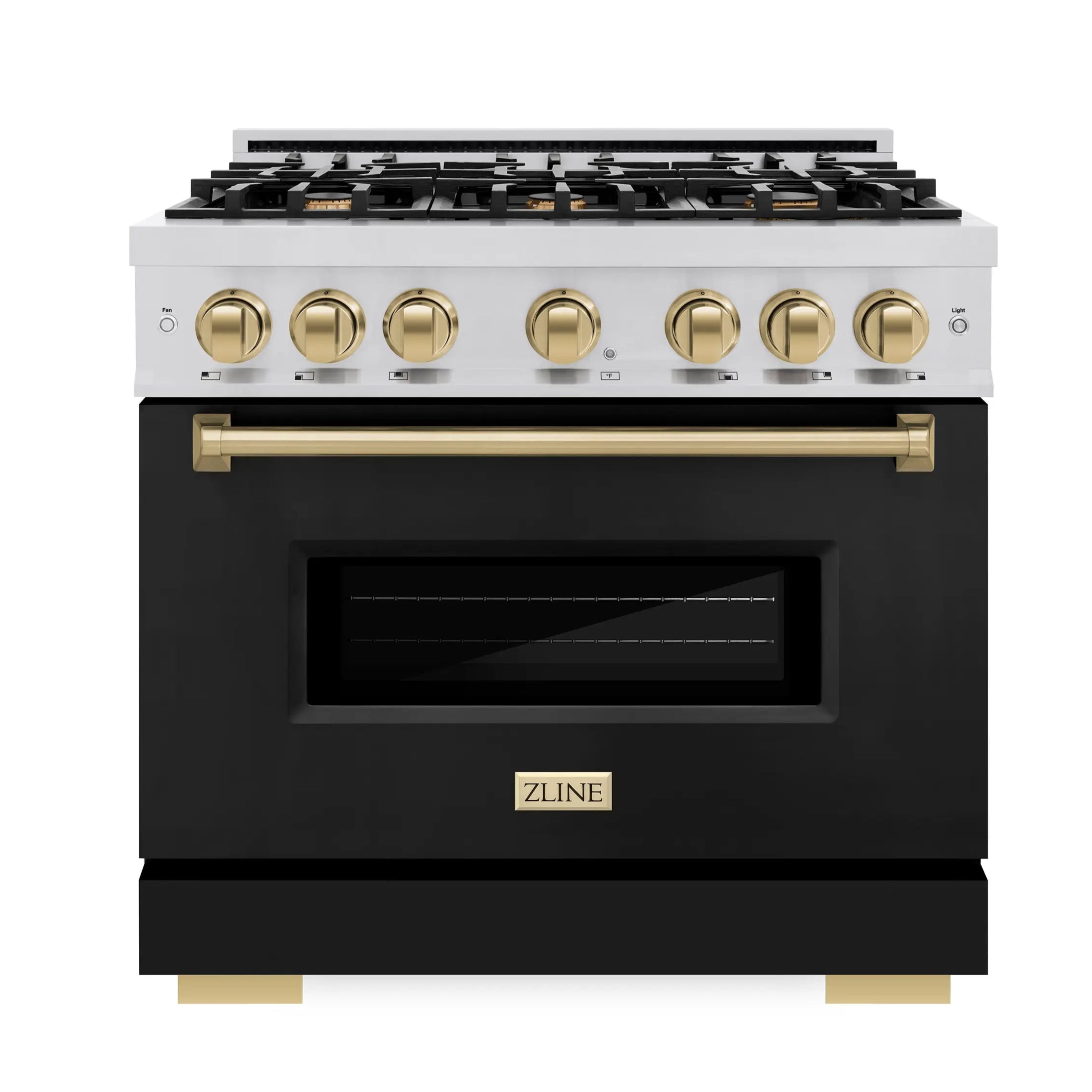 Stainless gas range front with black matte oven door and champagne bronze control knobs