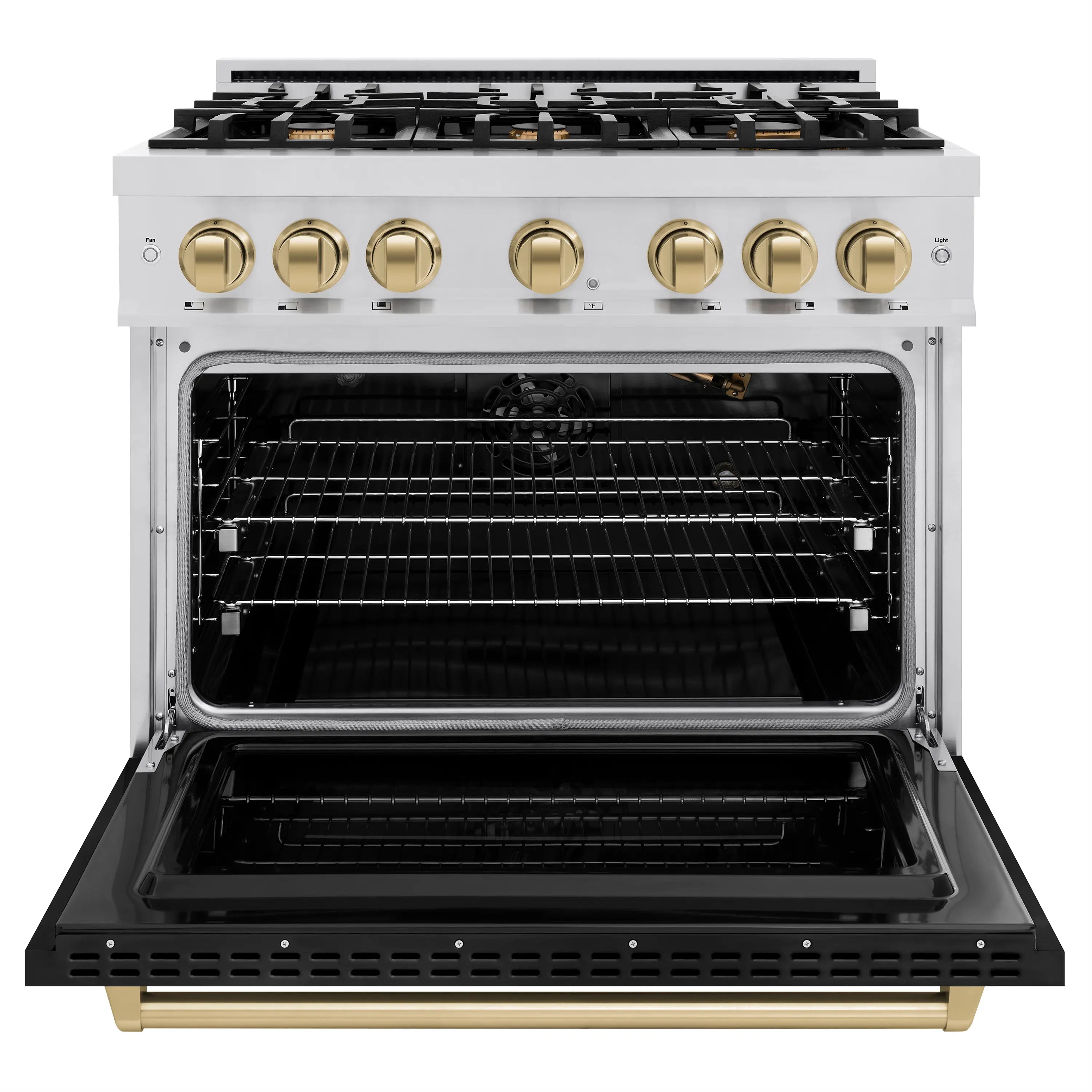 Stainless gas range with open oven door, black racks, and champagne bronze control knobs