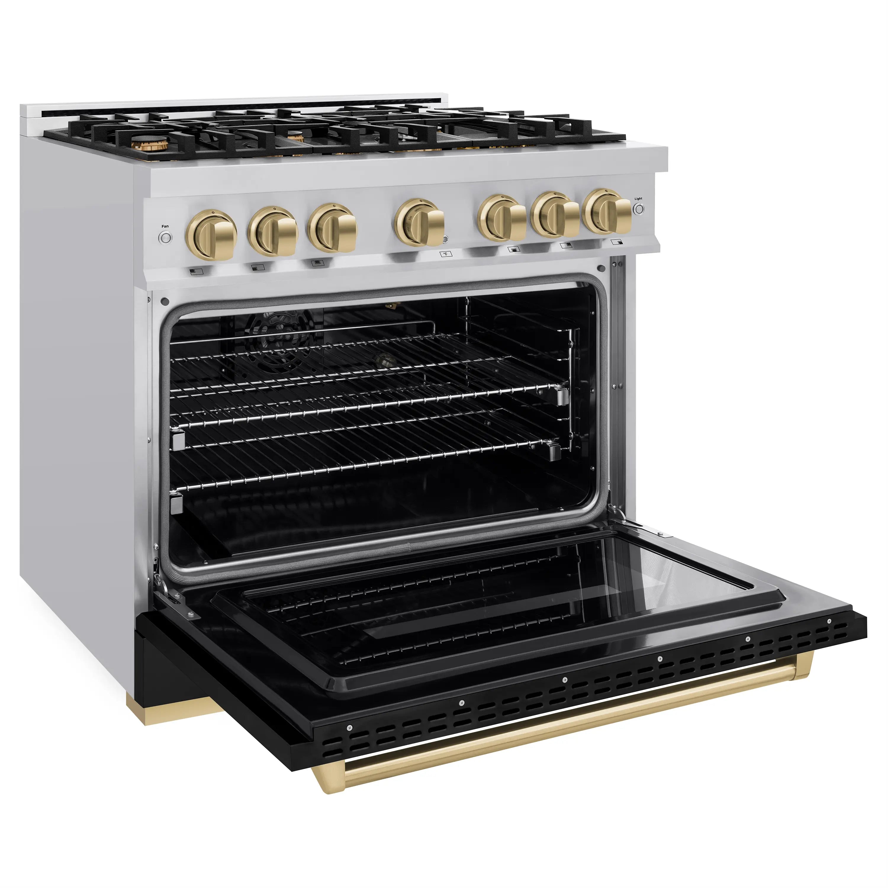 Stainless gas range with open oven door and champagne bronze base accents