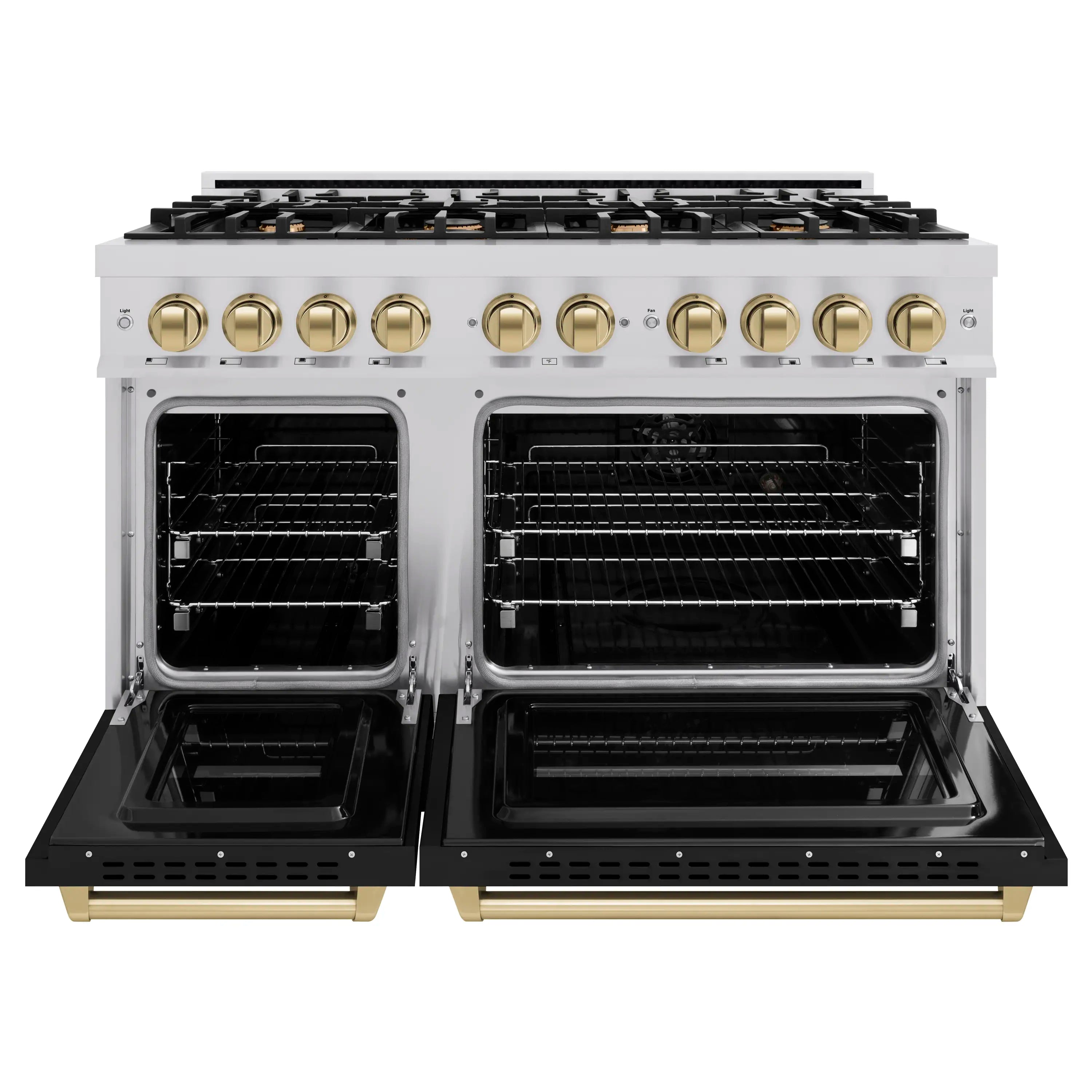 Gas range with two open oven doors and wire racks, showing convection oven interior