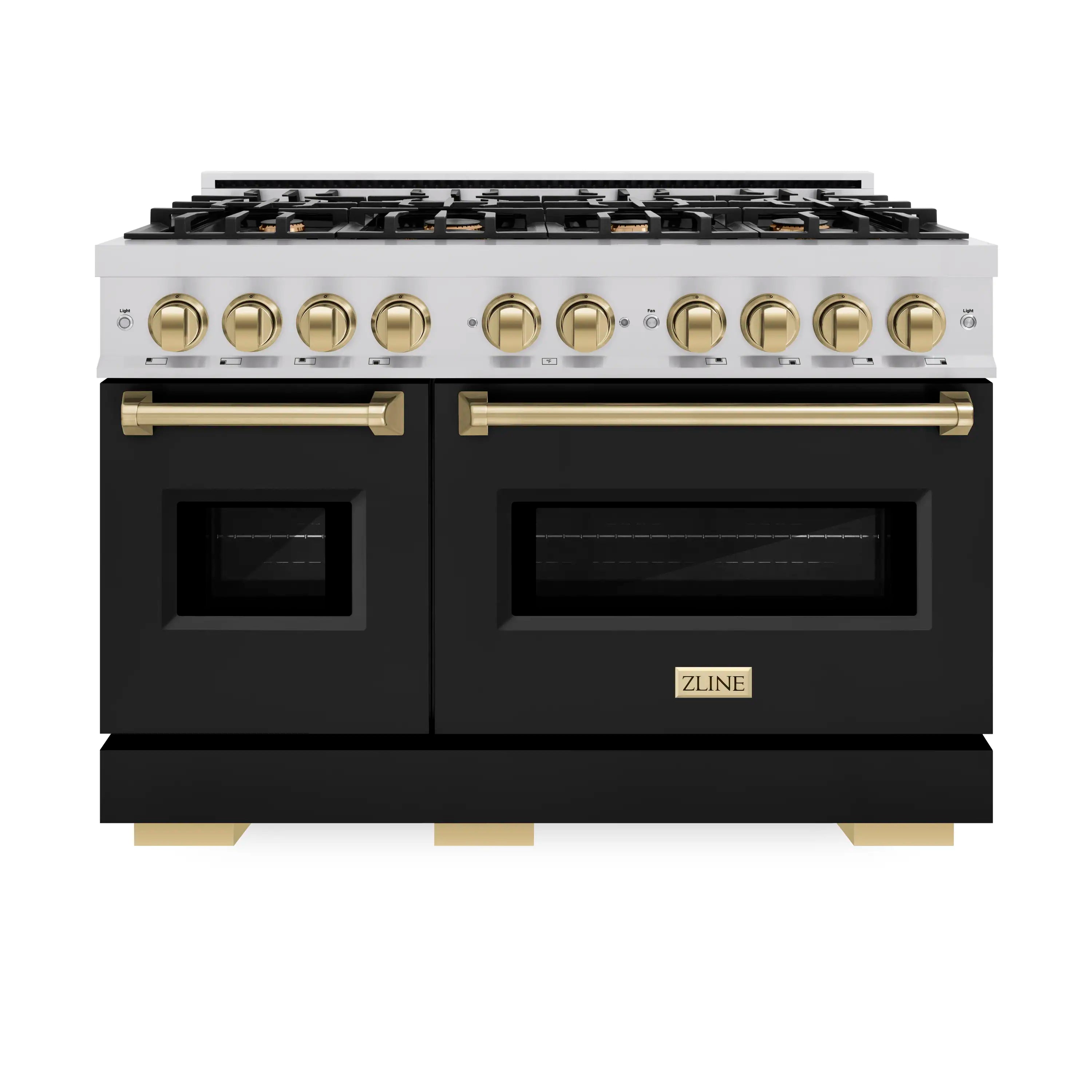 Stainless steel gas range with black matte oven doors and champagne bronze handles