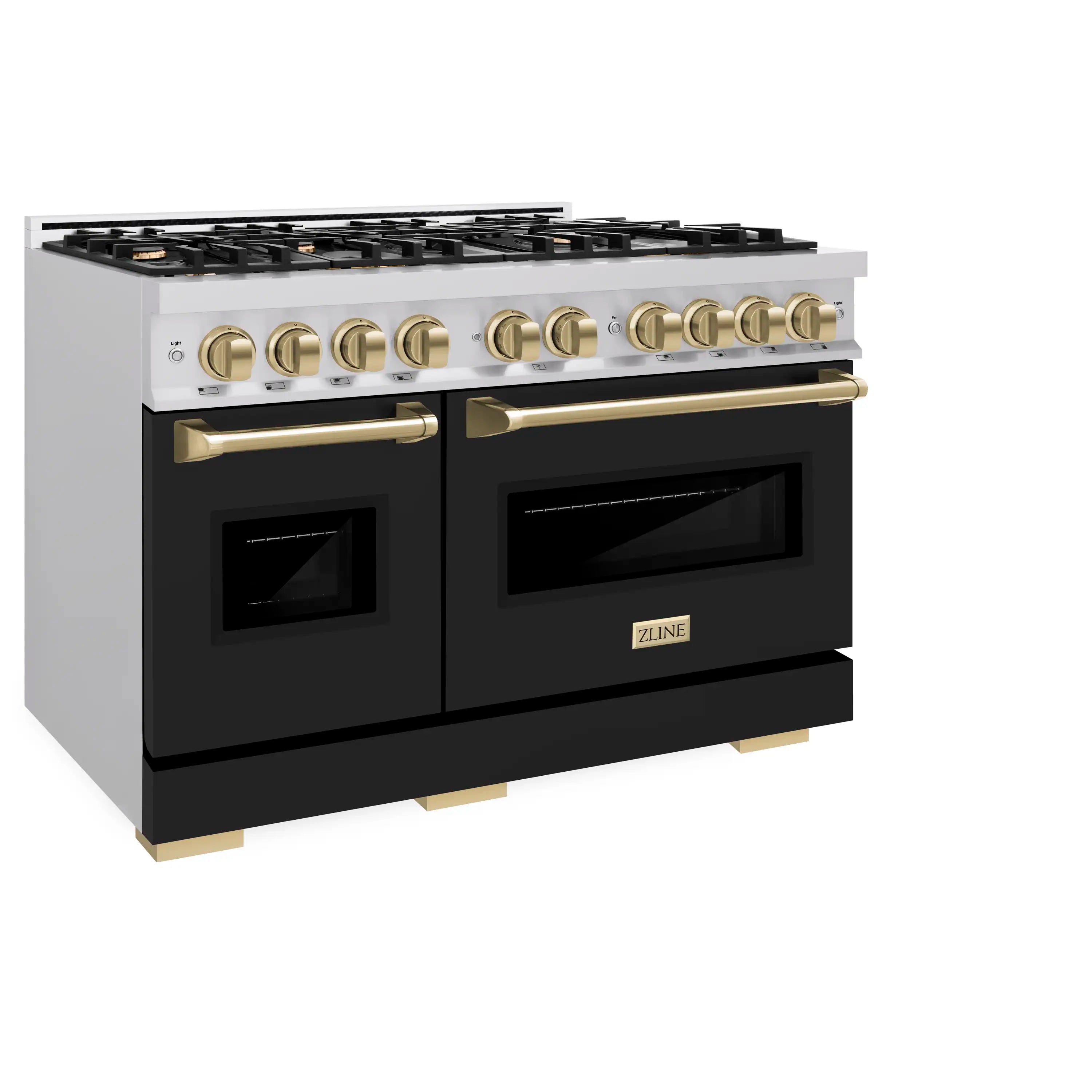 Angled view of stainless gas range with black doors, bronze handles, and eight burners