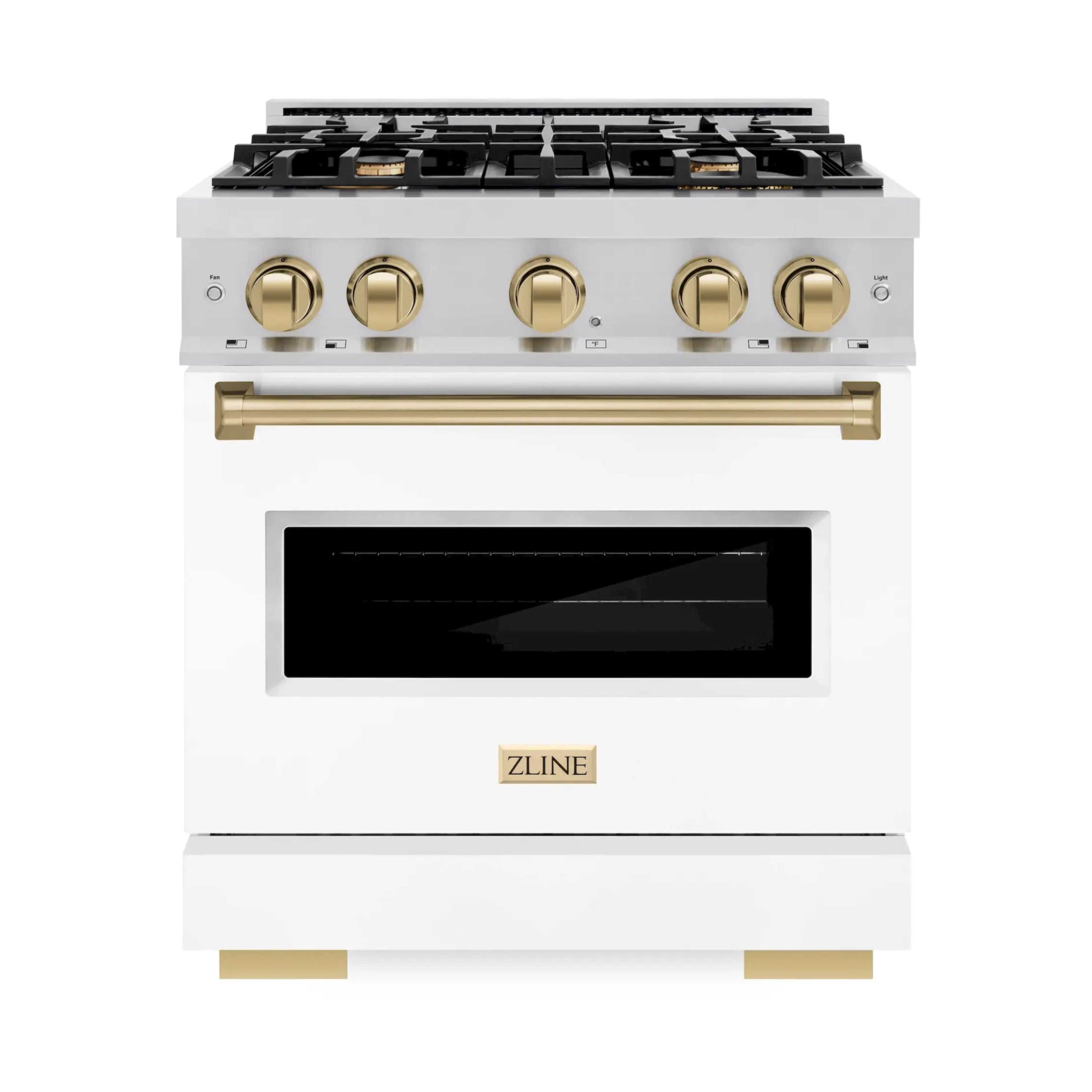 Stainless steel gas range front with four burners, gold knobs, and black glass oven door