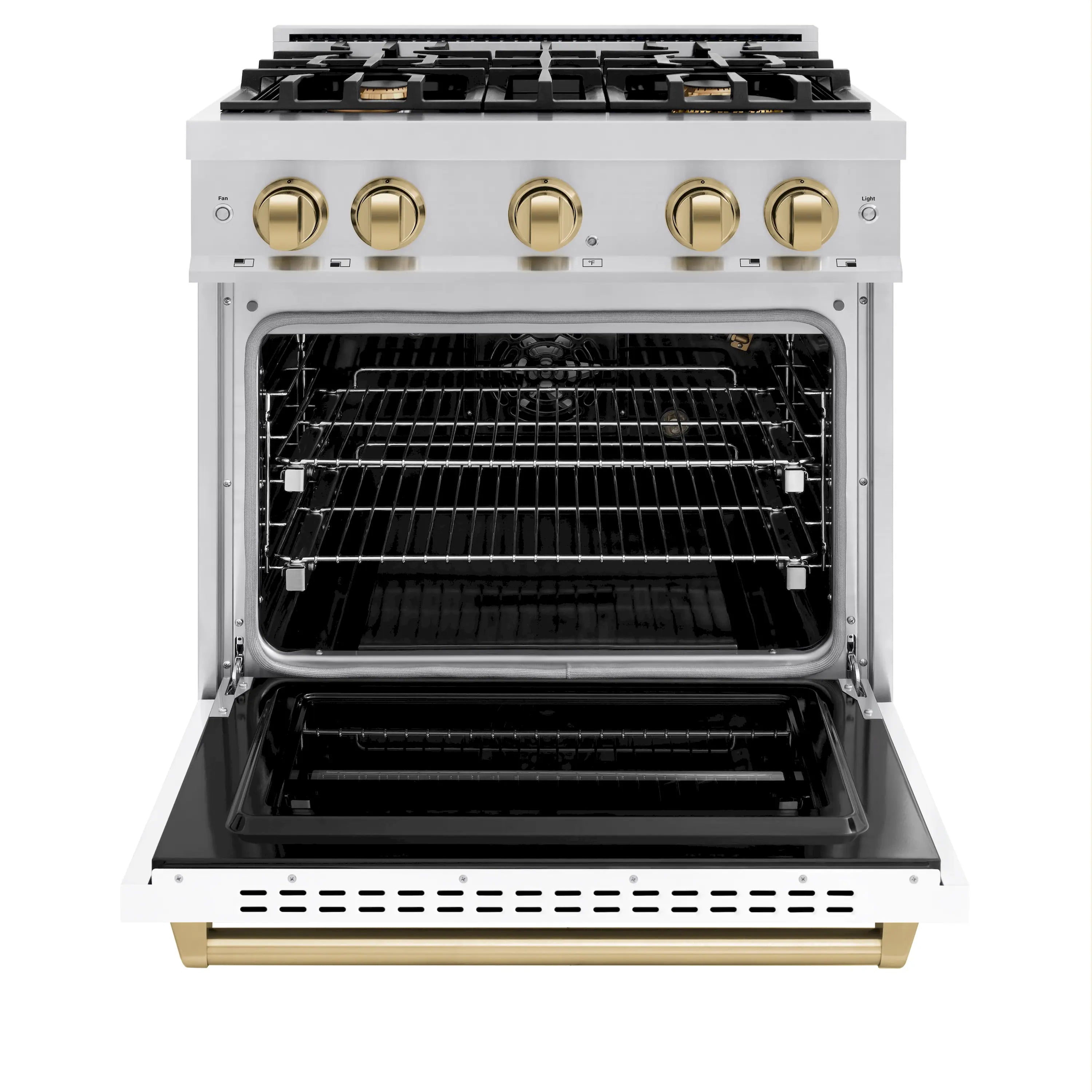Open oven with black interior racks and gold control knobs on stainless steel gas range