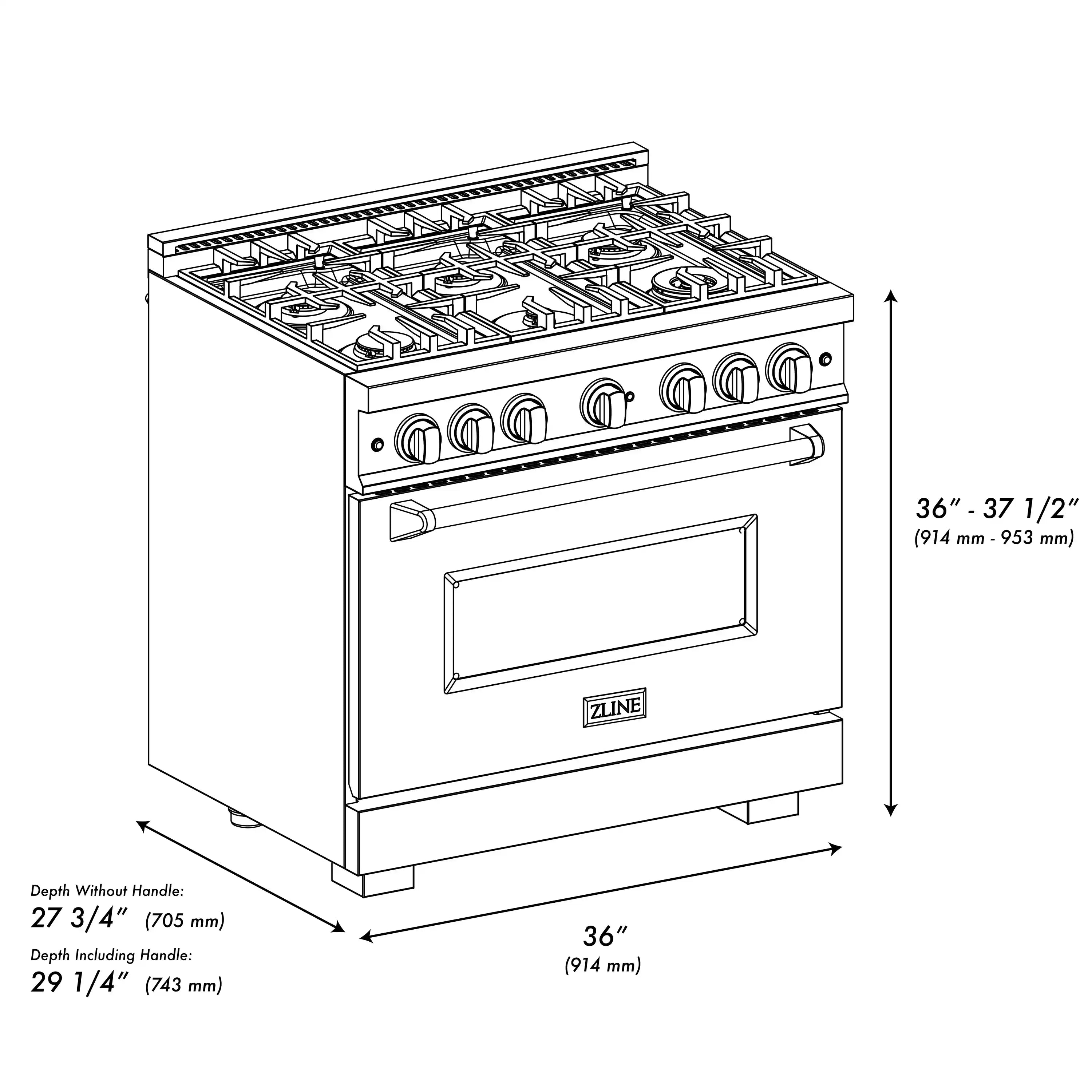 36-inch gas range dimension diagram with burner and oven outline