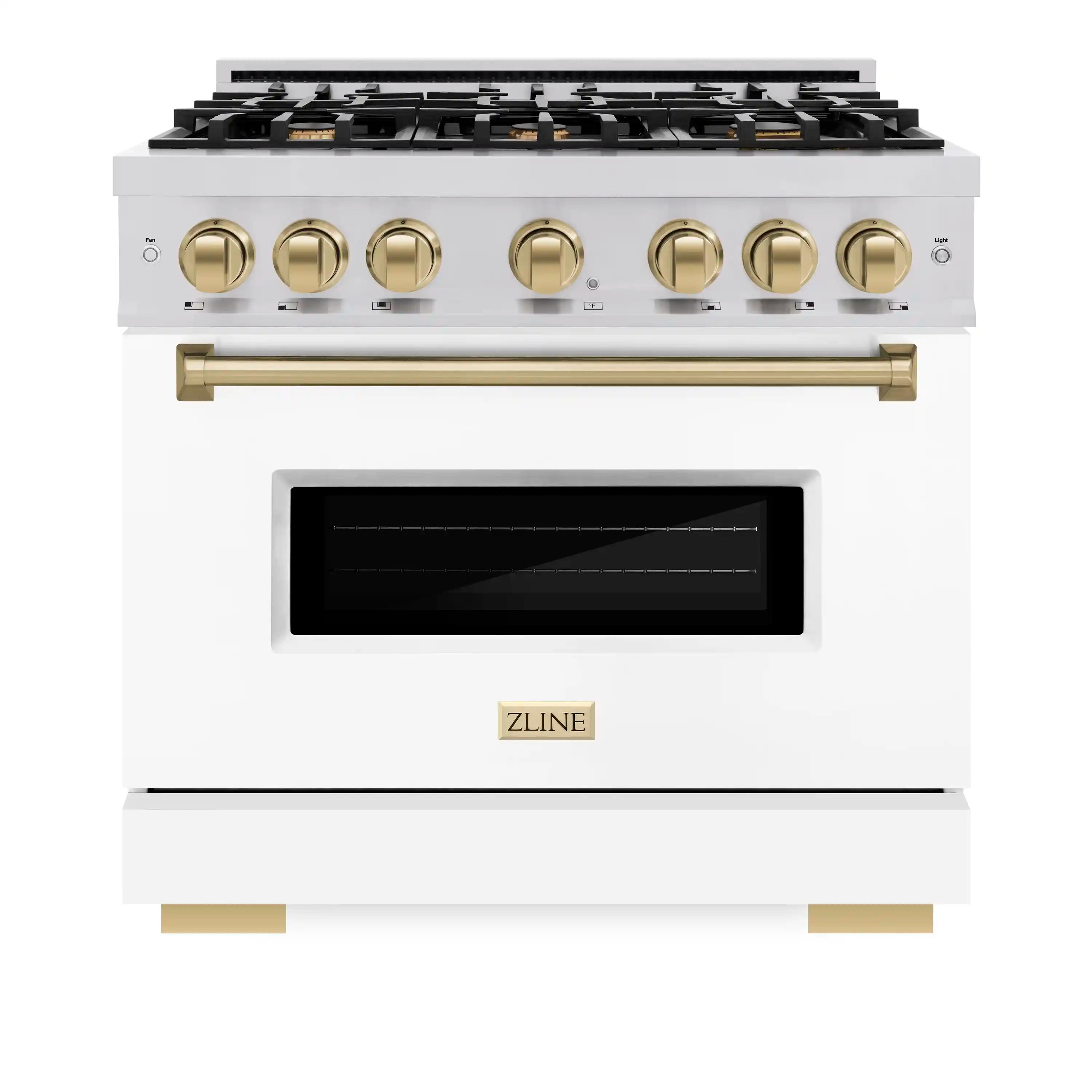 Stainless gas range with six burners, gold knobs, and glass oven door