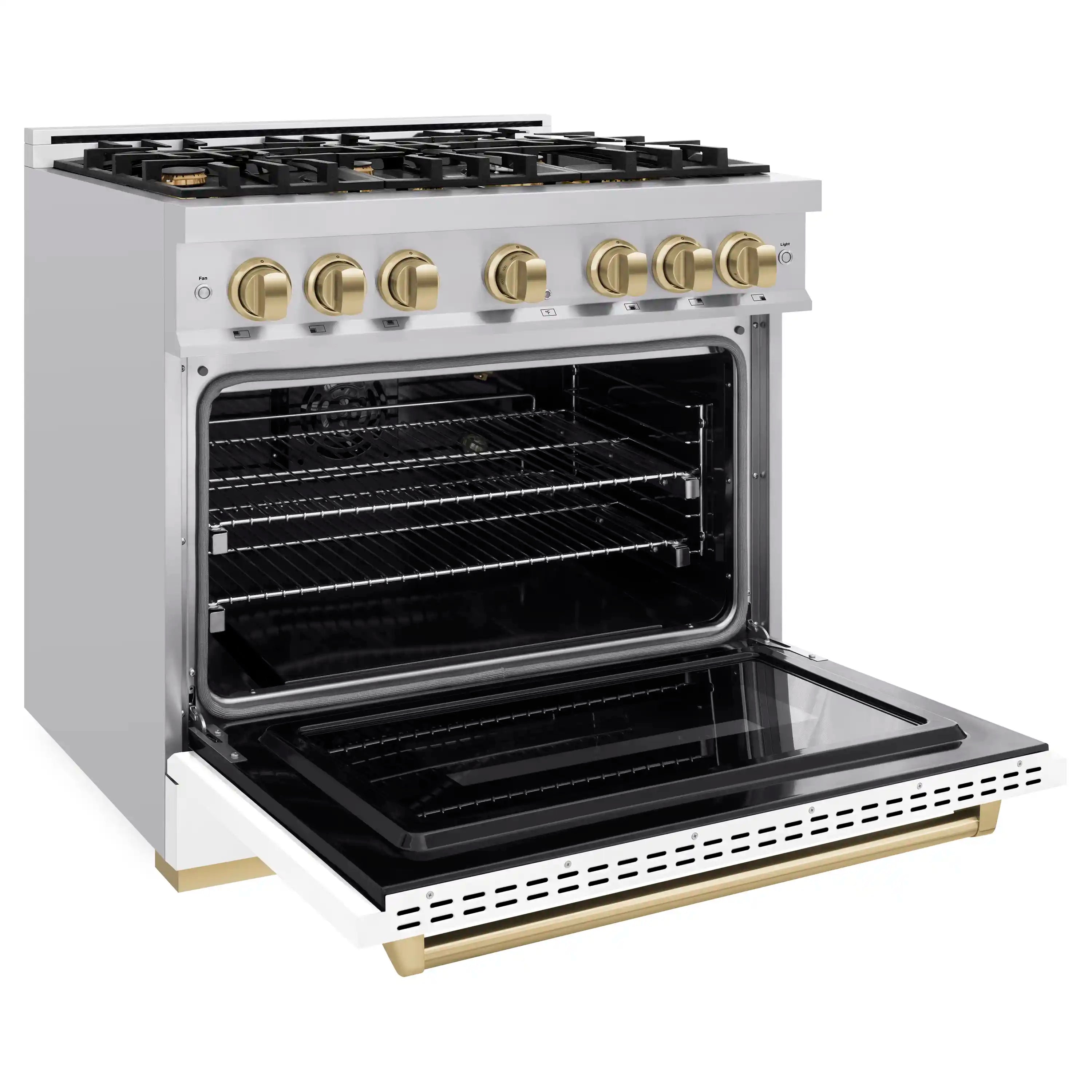 Gas convection oven with open door, interior racks, and black enamel walls