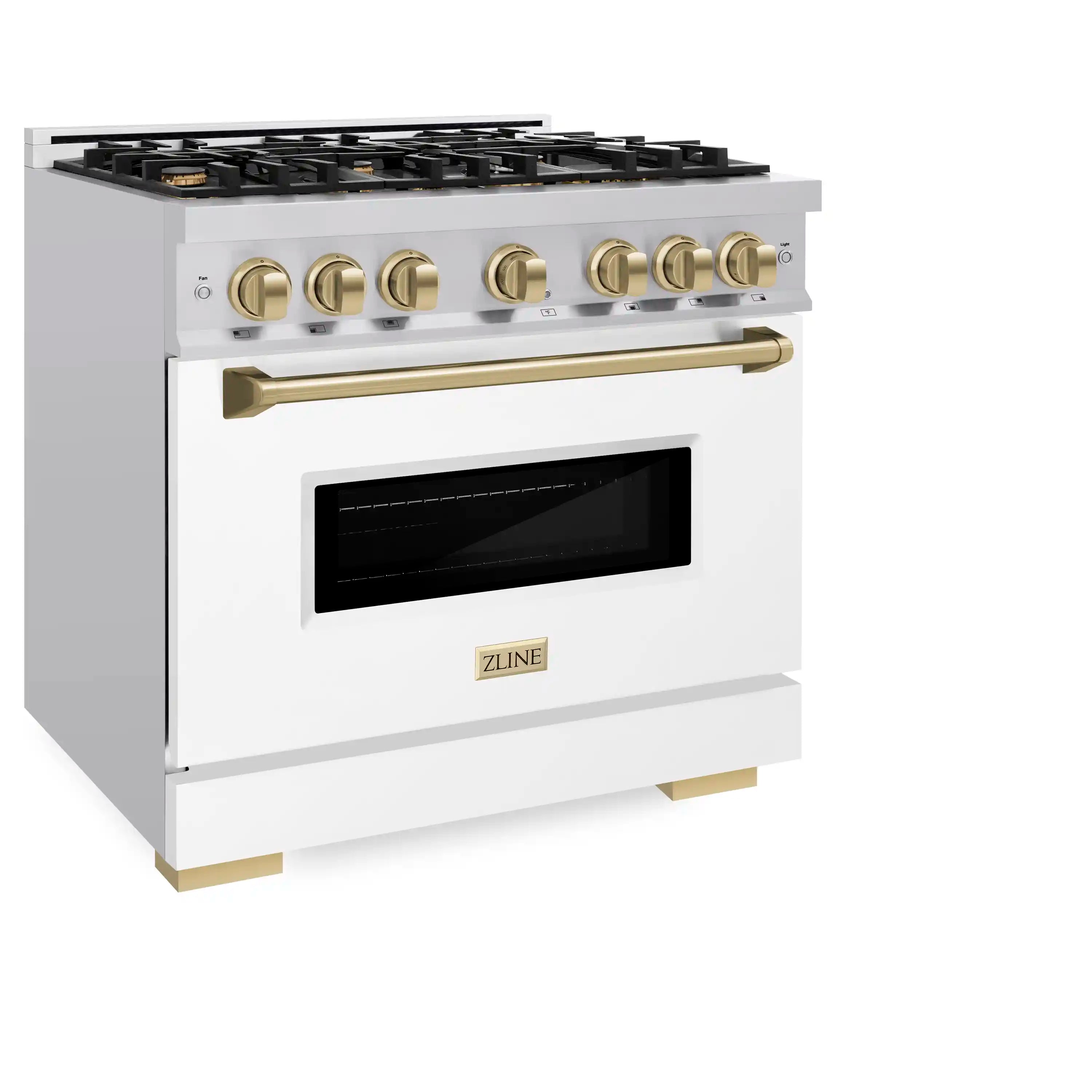 Stainless gas range with six burners and champagne-bronze control knobs