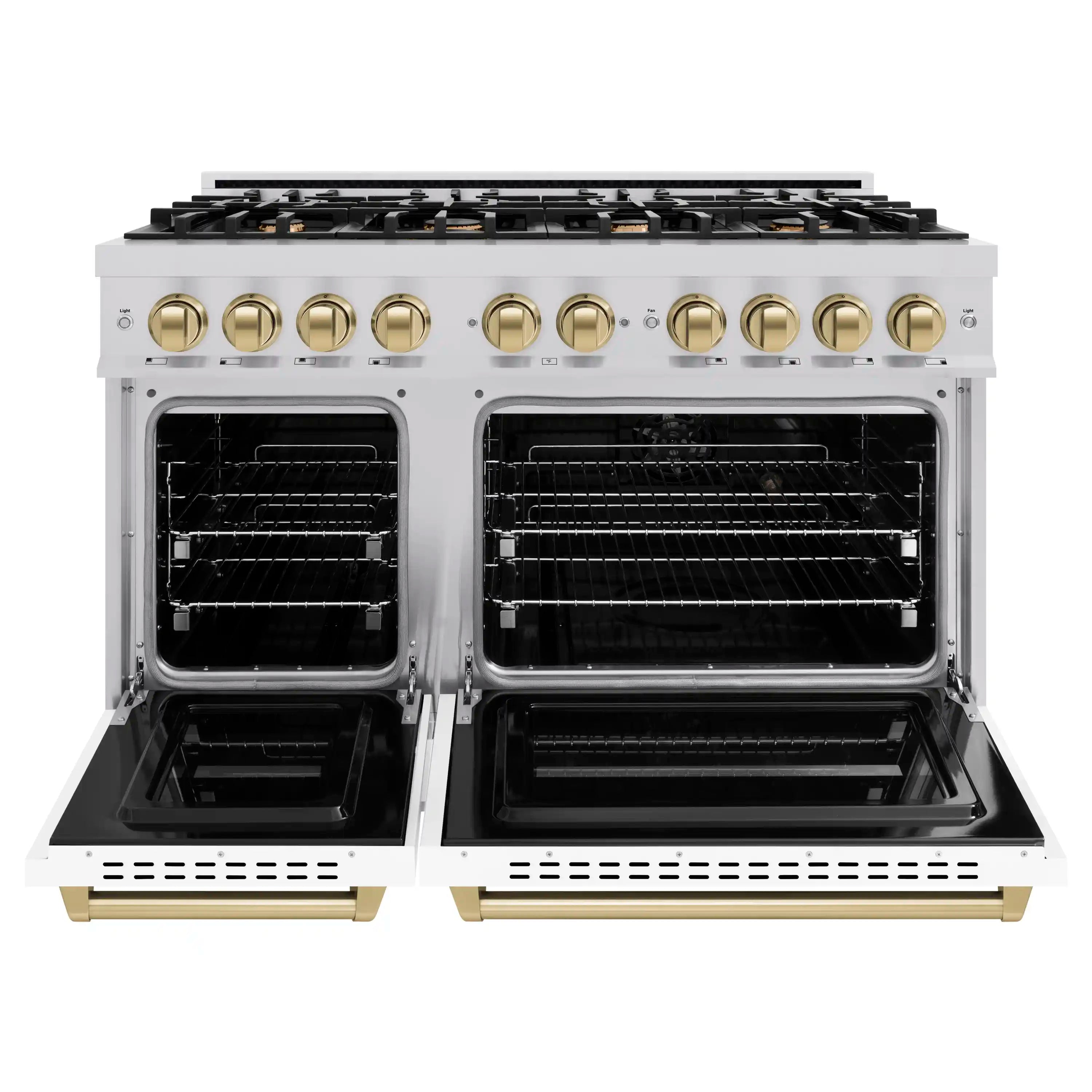 Gas range with open oven doors showing wire racks and dark interior cavities