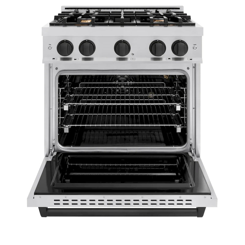 ZLINE 5-Piece Appliance Package - 30-Inch Gas Range, Hood, Refrigerator with Water Dispenser, Dishwasher, and Microwave Drawer in Stainless Steel with Matte Black Accents