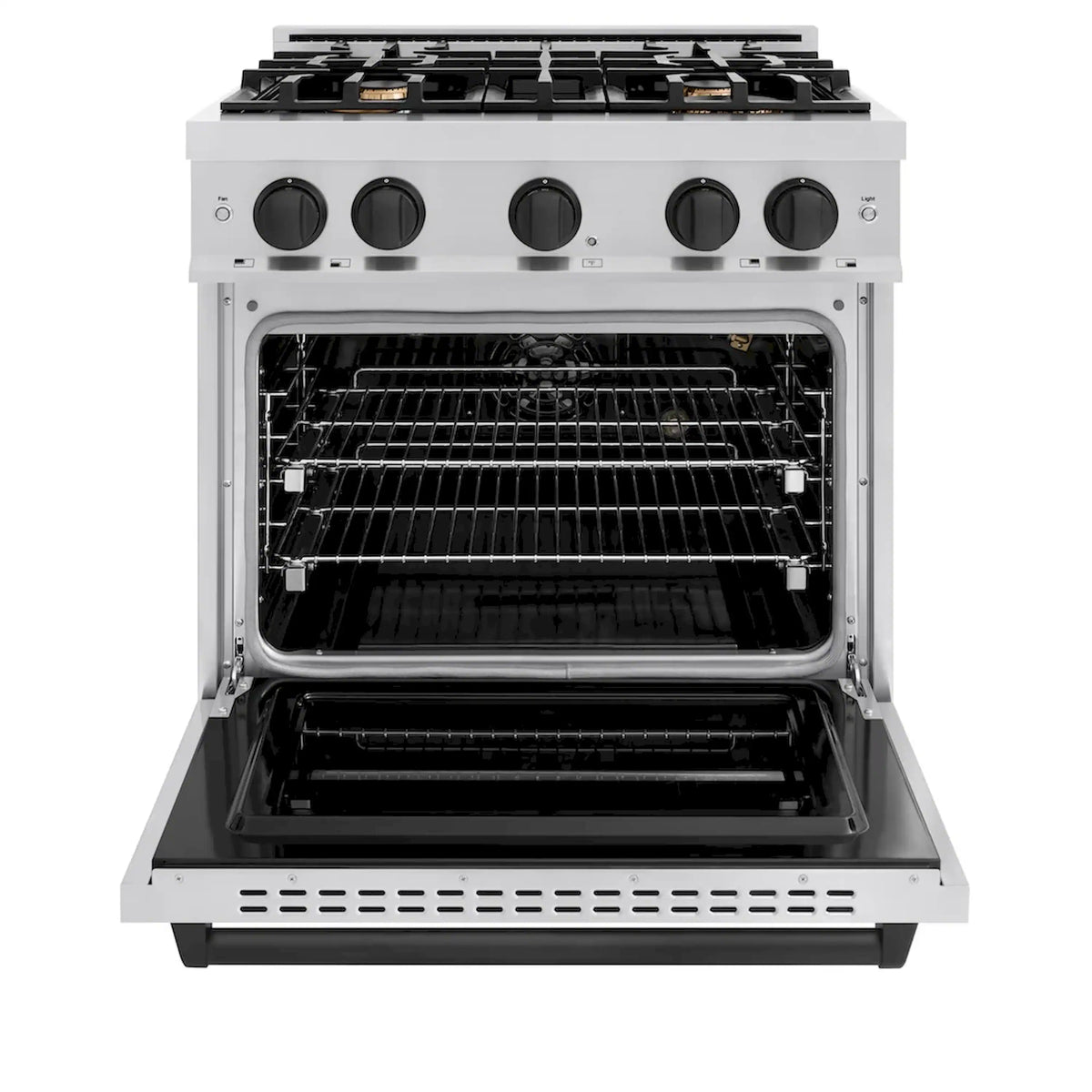 Stainless steel gas range with open oven cavity, racks, and dark interior