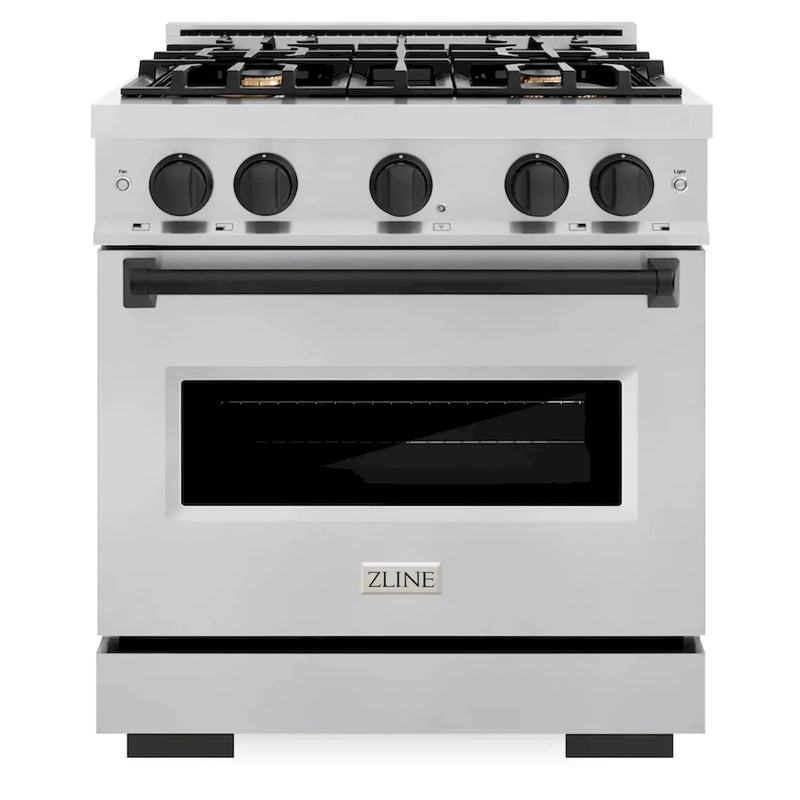 ZLINE 5-Piece Appliance Package - 30-Inch Gas Range, Hood, Refrigerator with Water Dispenser, Dishwasher, and Microwave Drawer in Stainless Steel with Matte Black Accents