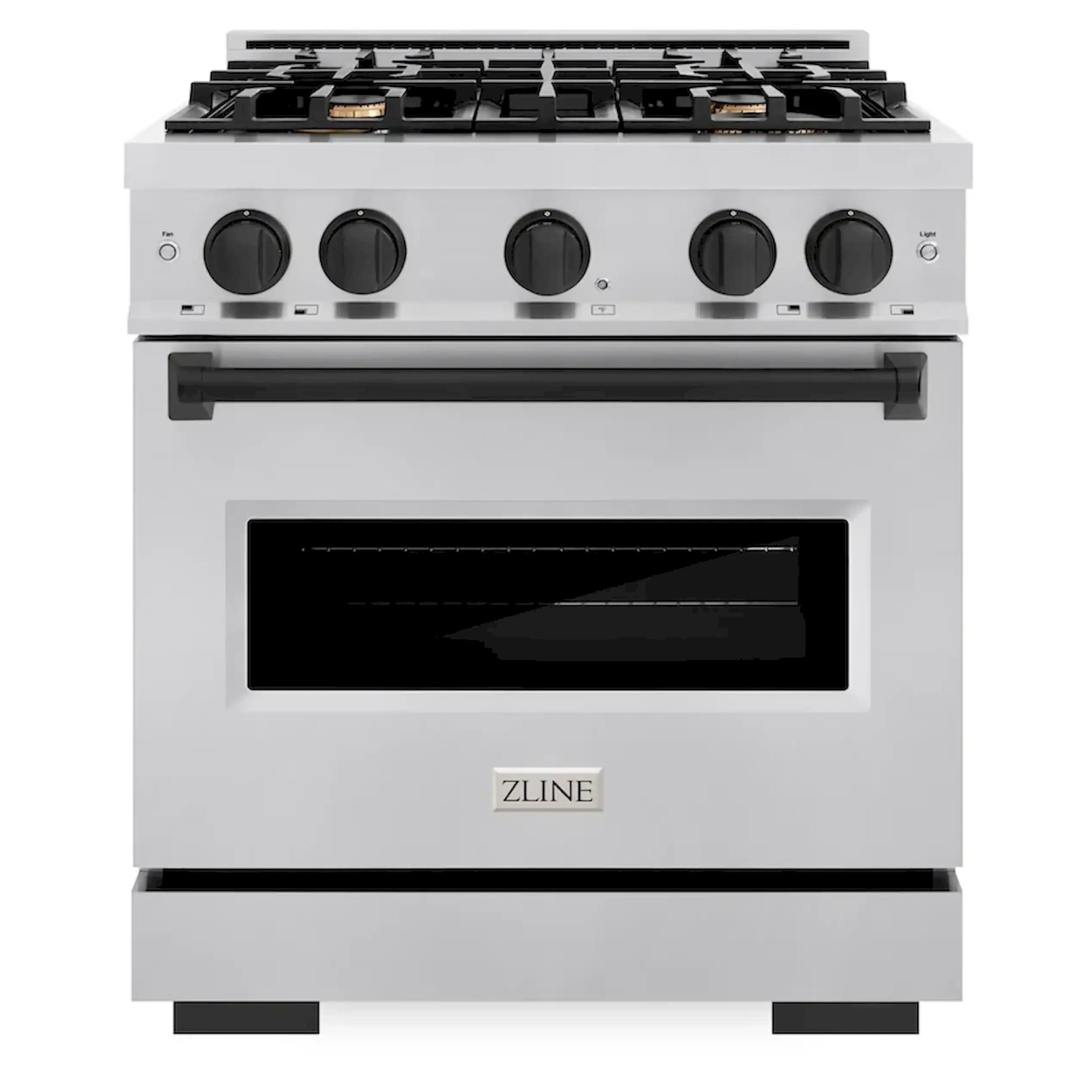 Stainless steel freestanding gas range with five front controls and black oven window