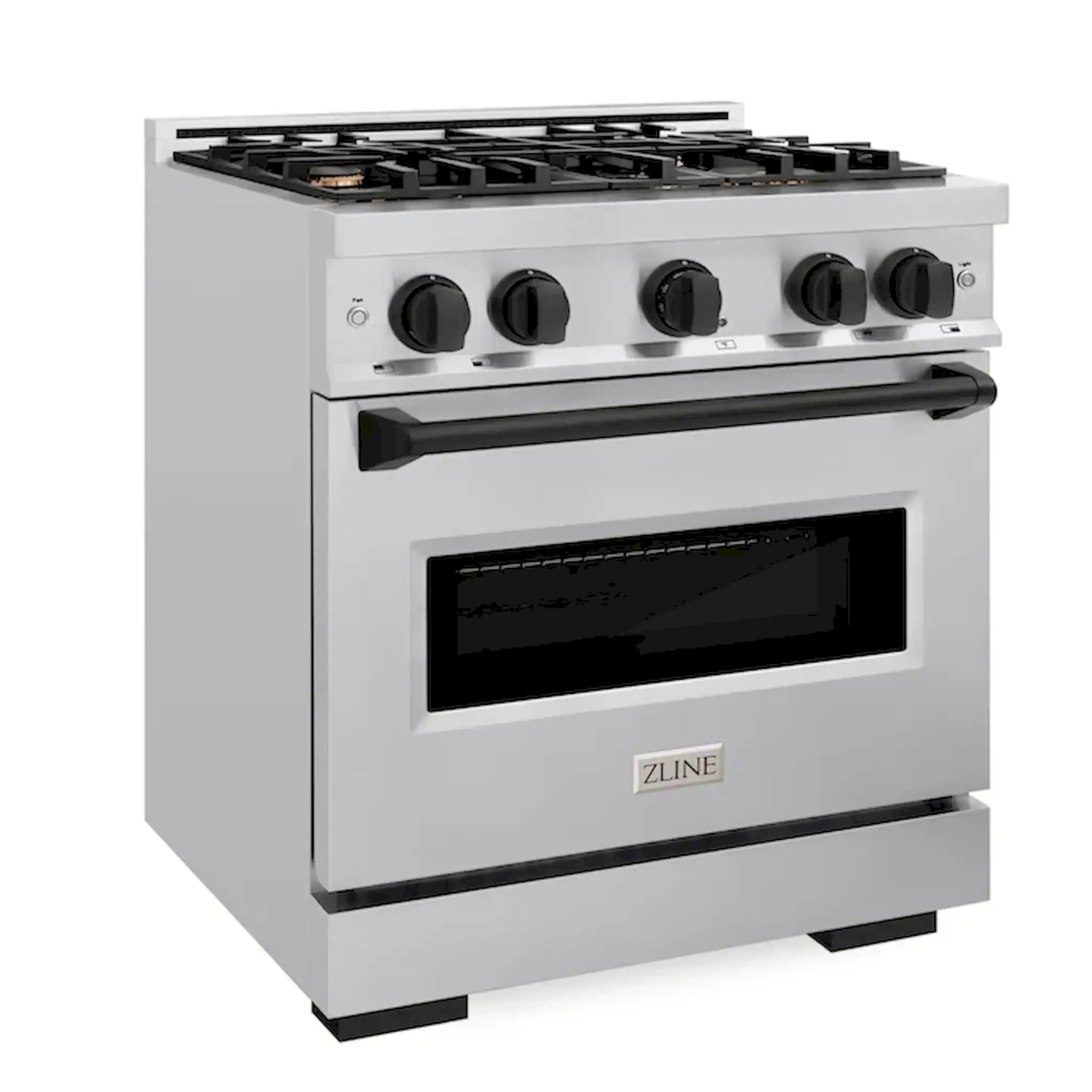 Stainless steel gas range with black burner grates and windowed oven door