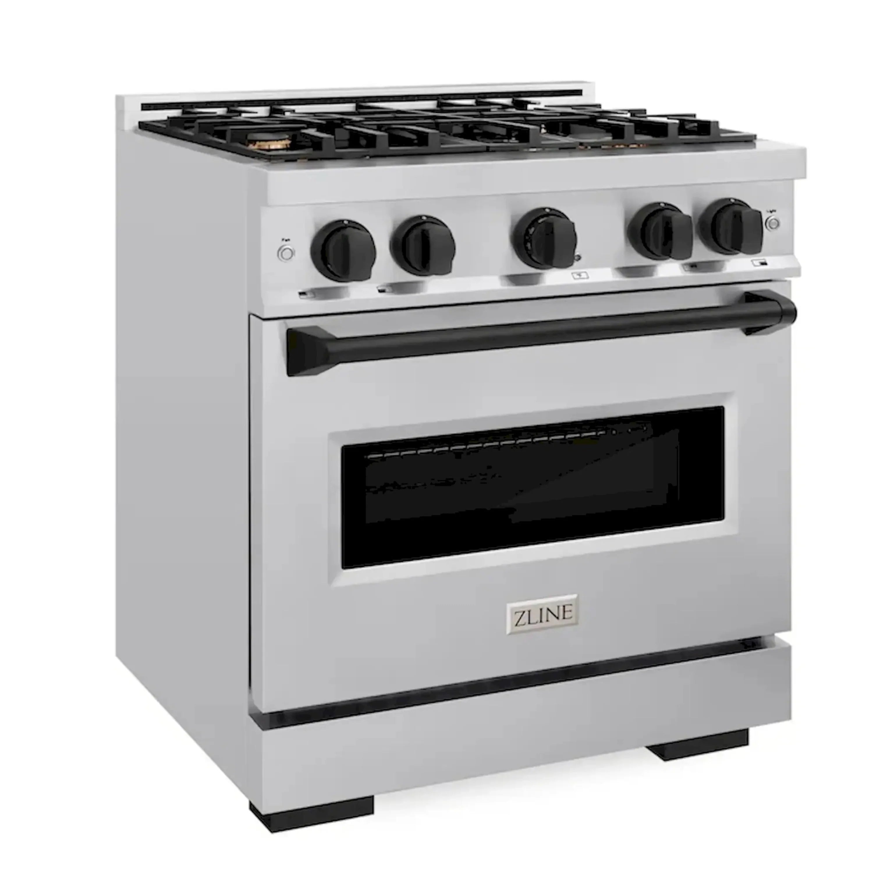 White gas range with open oven door, black control knobs, stainless accents