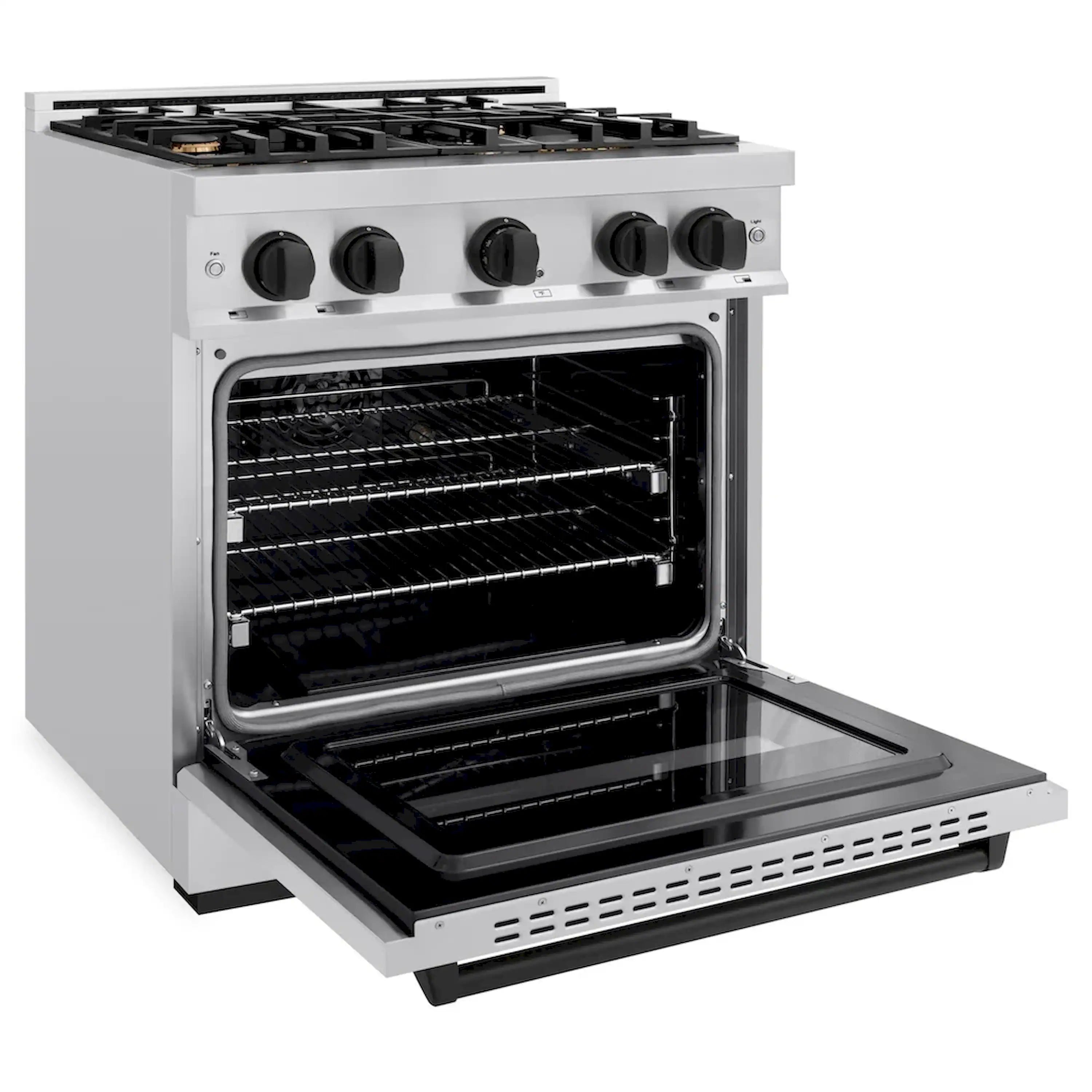 Open-door gas oven with wire racks and black interior lining