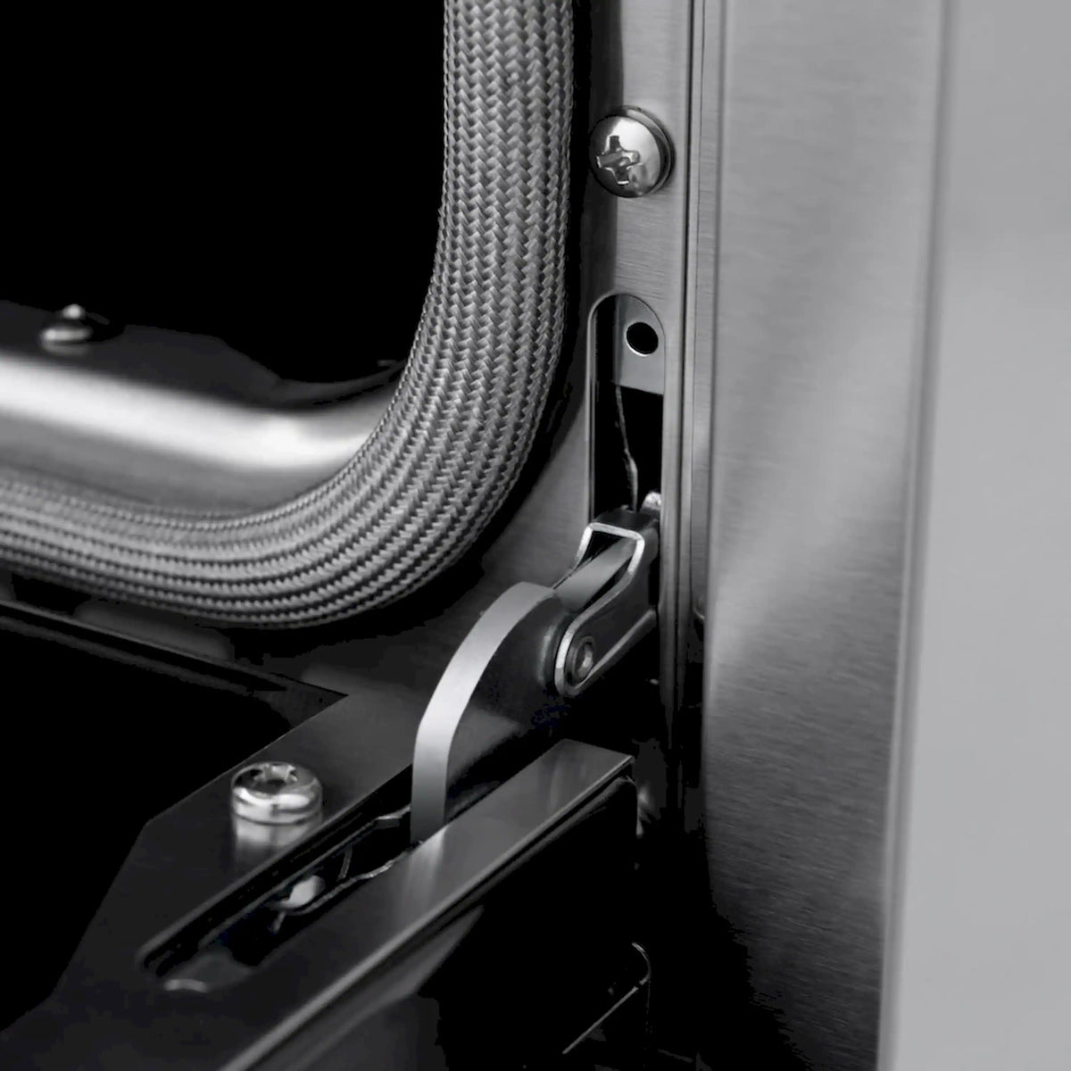 Stainless gas range side hardware with braided hose and mounting bracket