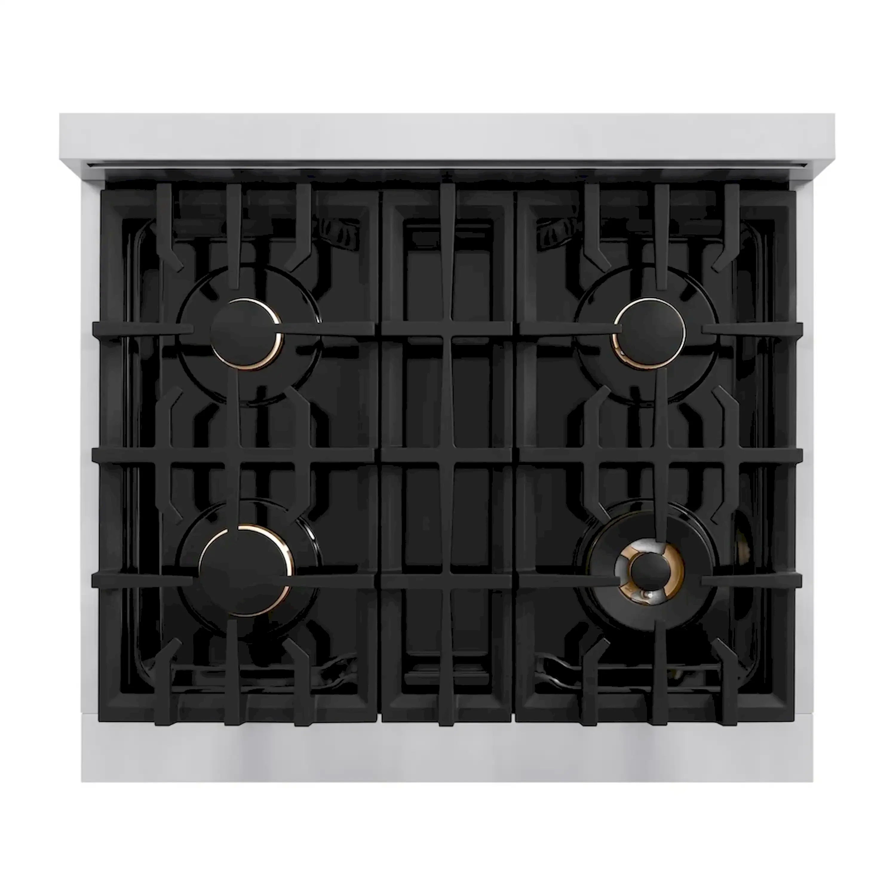 Gas cooktop with four black burner grates and round metal burner caps