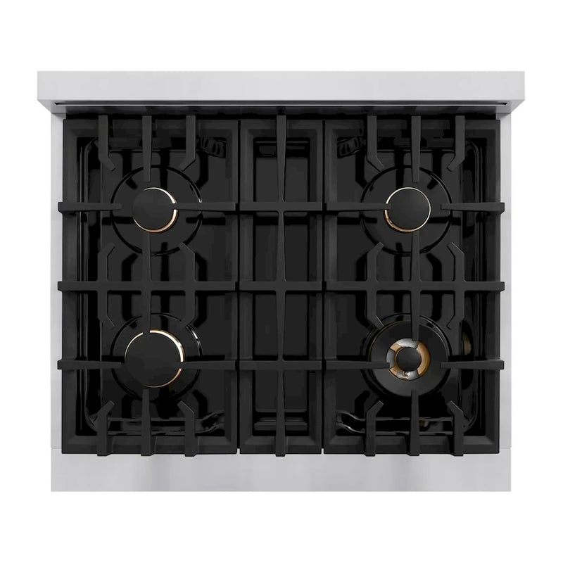 ZLINE 4-Piece Appliance Package - 30-Inch Gas Range, Hood, Refrigerator, and Dishwasher in Stainless Steel with Matte Black Accents