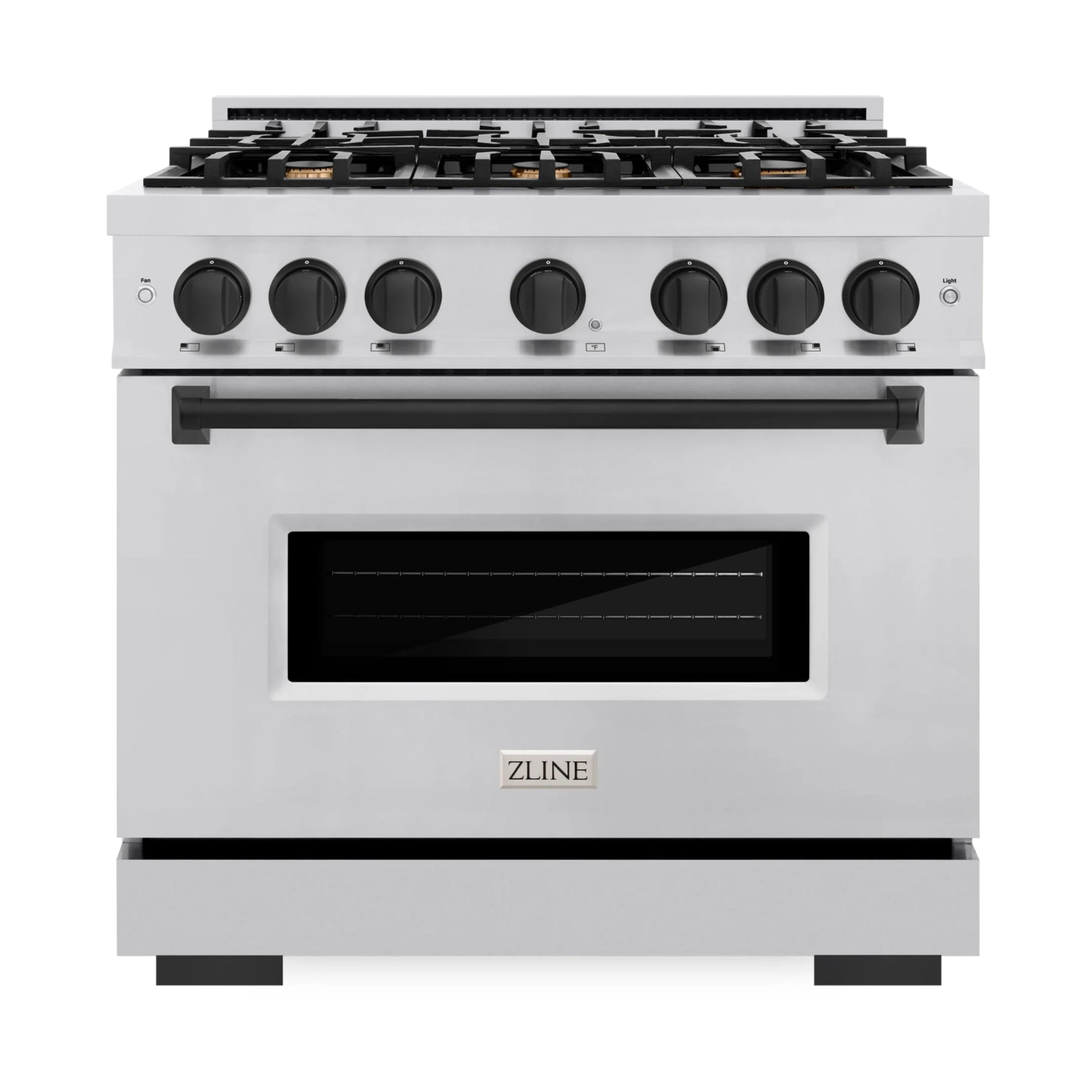 Stainless steel gas range with 6 burners, matte black trim, and convection oven door window