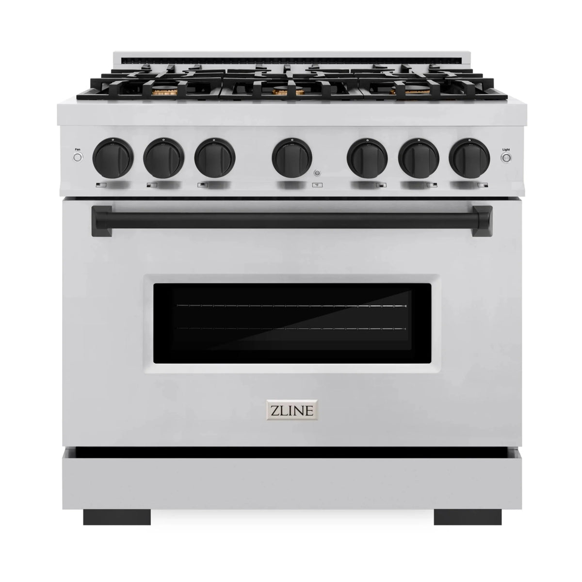 Stainless steel 36-inch gas range with black control knobs and oven window