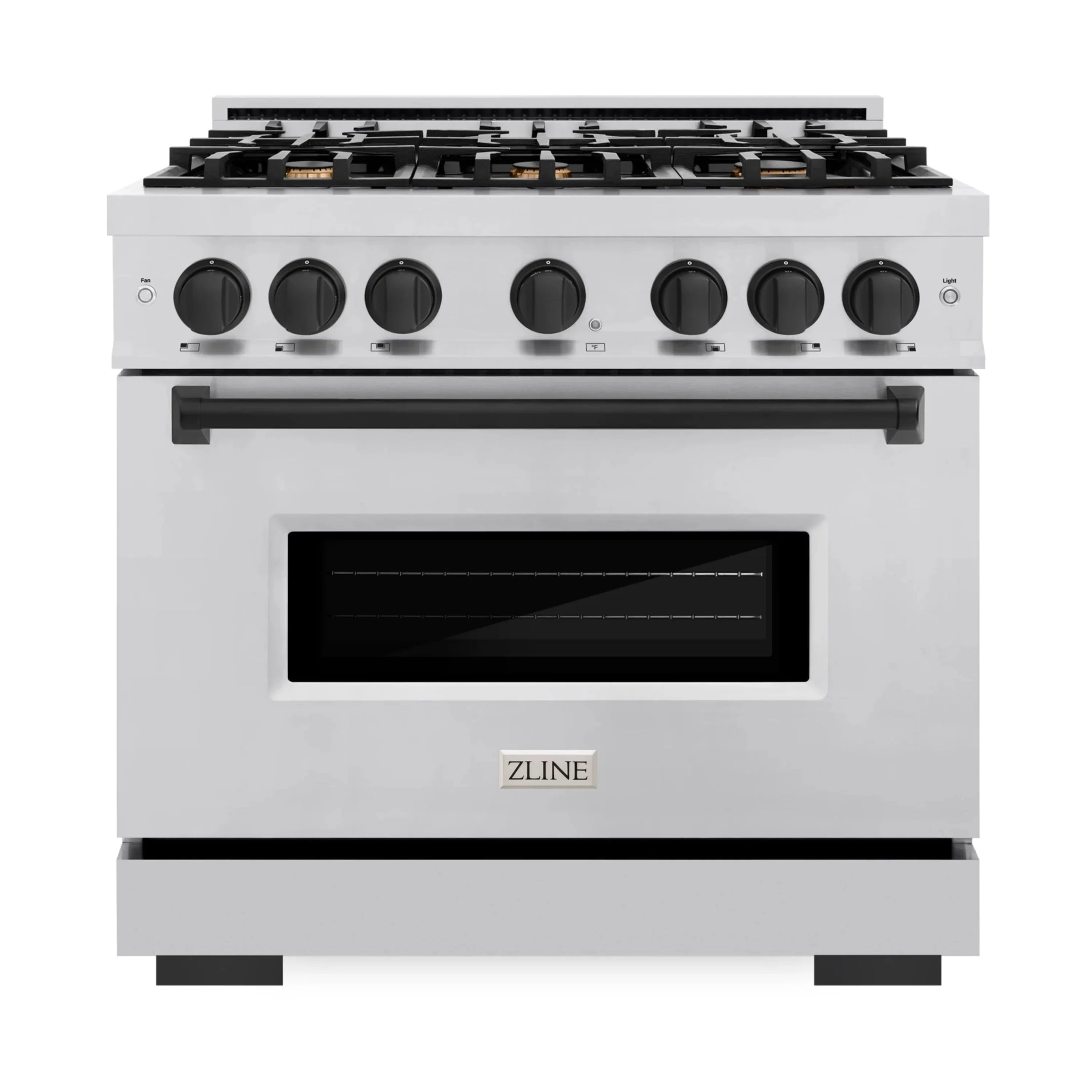 Stainless steel gas range with black control knobs and glass oven window