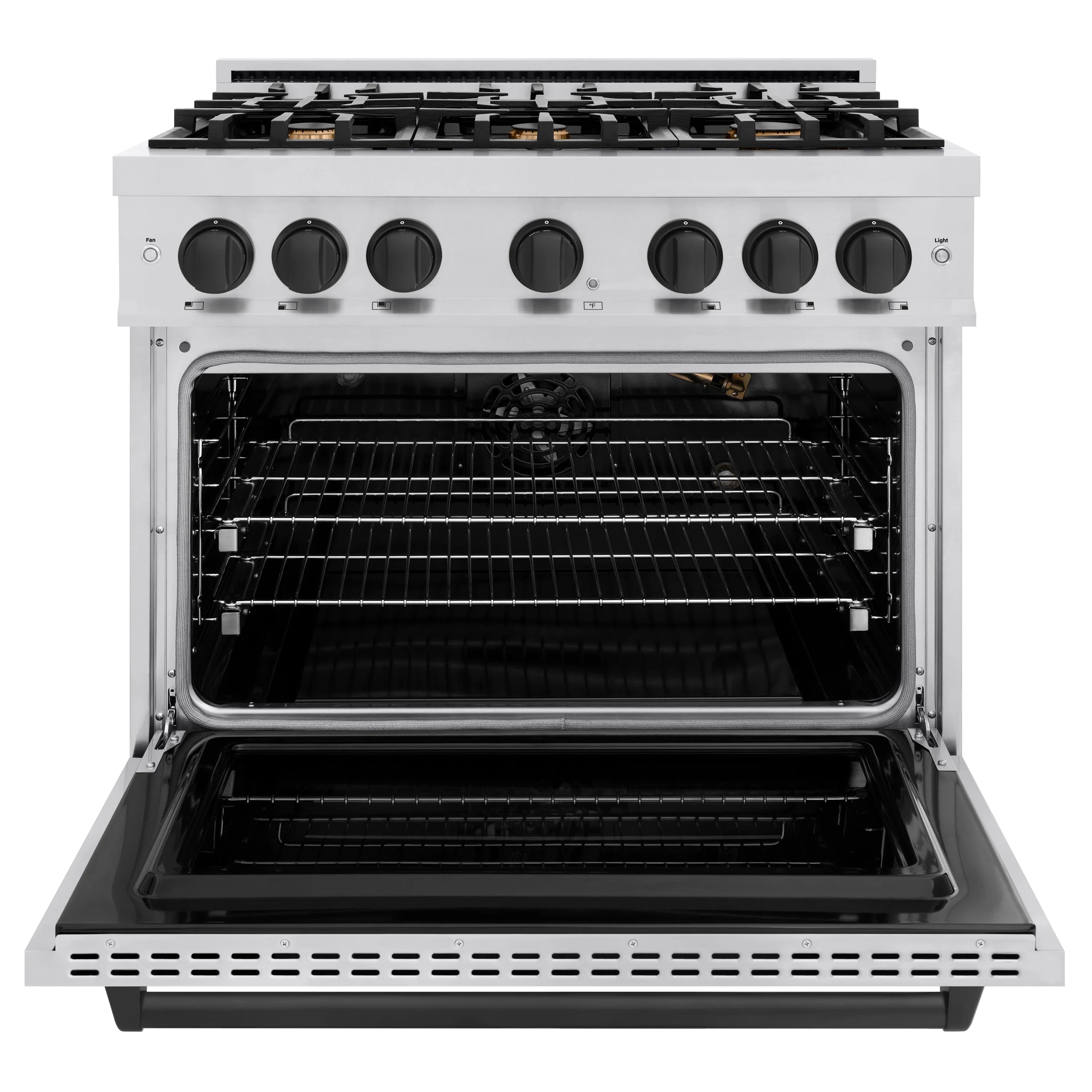 Stainless steel gas range with open convection oven and black burner grates