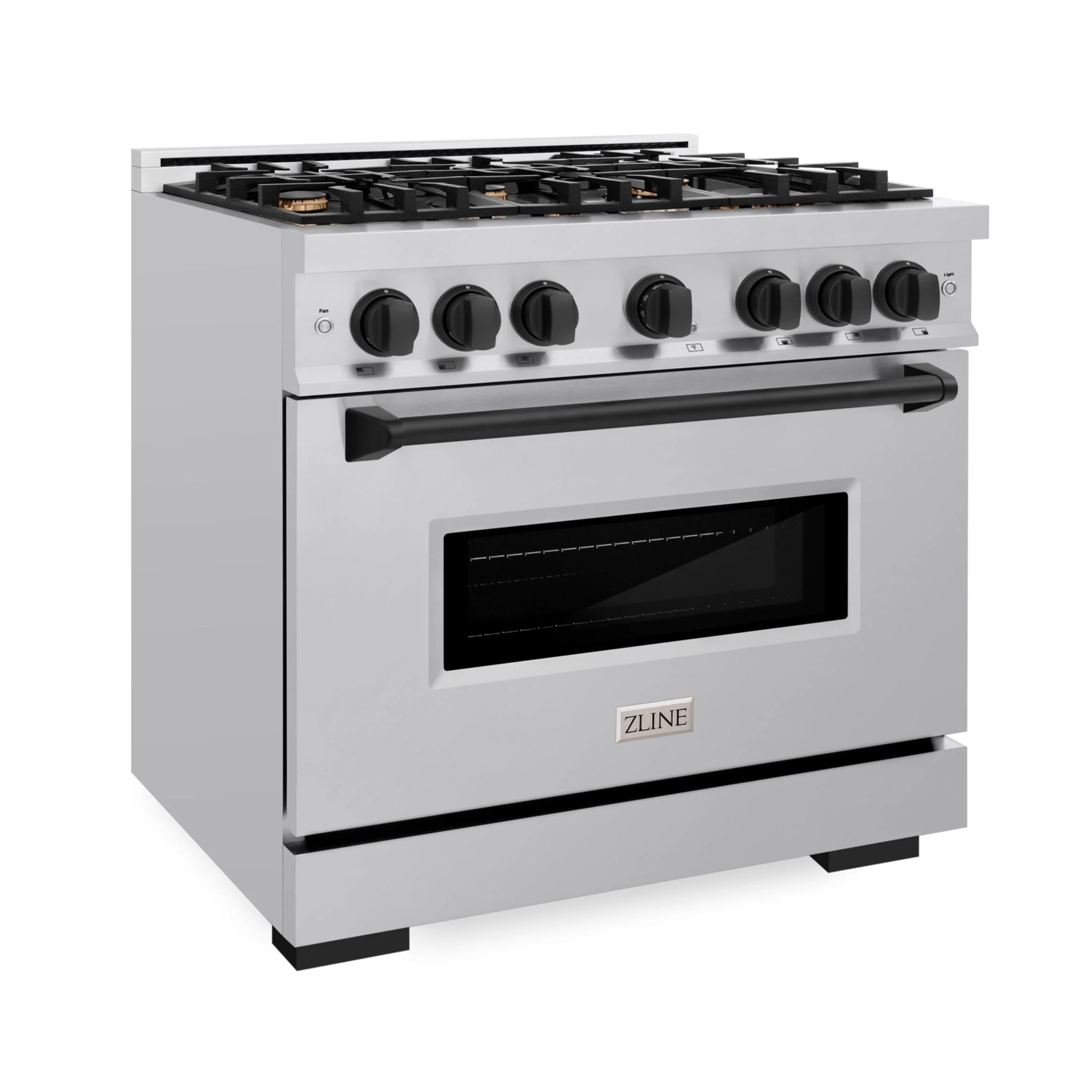 Stainless steel gas range with matte black oven handle and control knobs