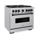 ZLINE 5-Piece Appliance Package - 36-Inch Gas Range, Hood, Refrigerator, Dishwasher, and Microwave Drawer in Stainless Steel with Matte Black Accents