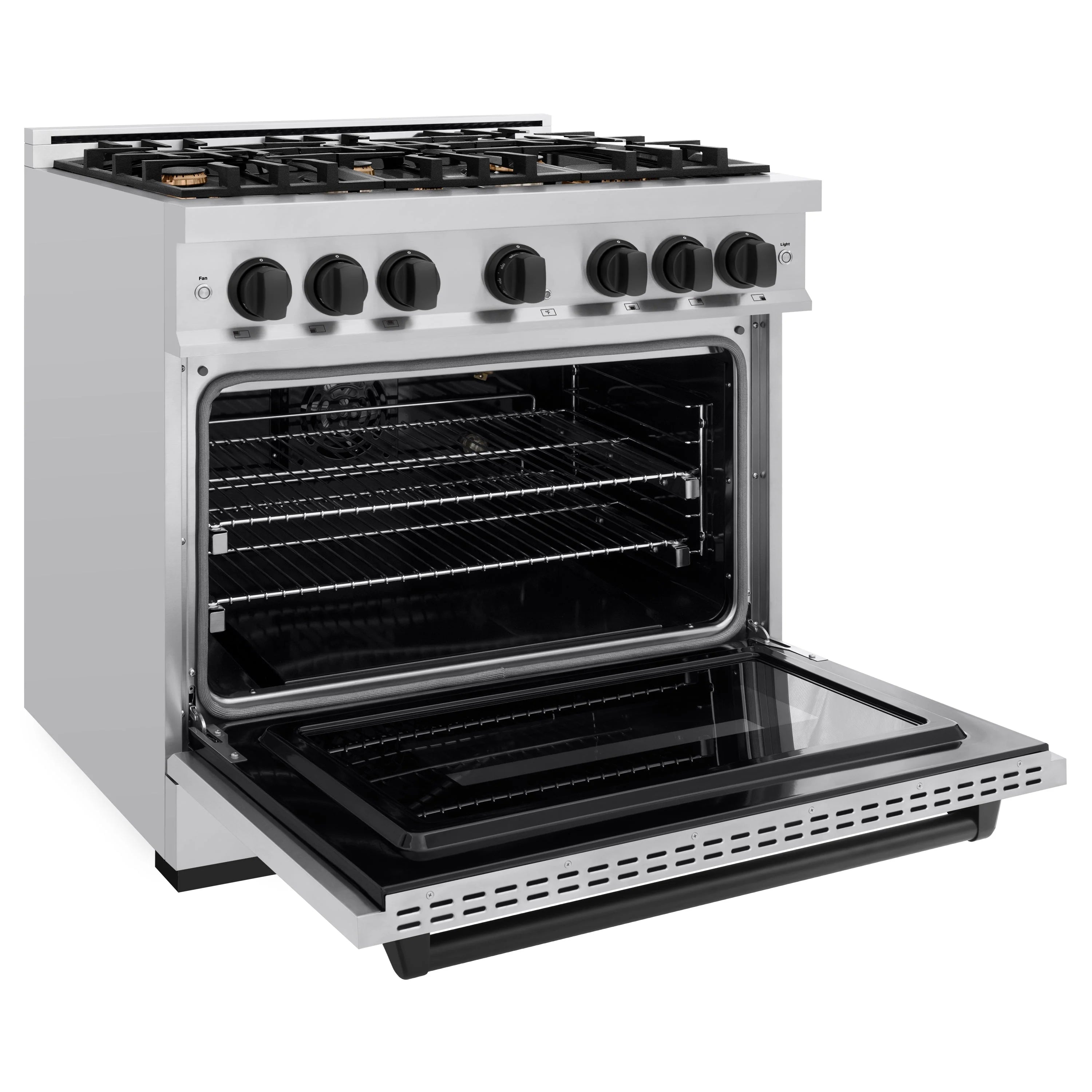 Stainless steel gas range with open oven door, racks, and interior burner lines
