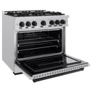 ZLINE 5-Piece Appliance Package - 36-Inch Gas Range, Hood, Refrigerator, Dishwasher, and Microwave Drawer in Stainless Steel with Matte Black Accents