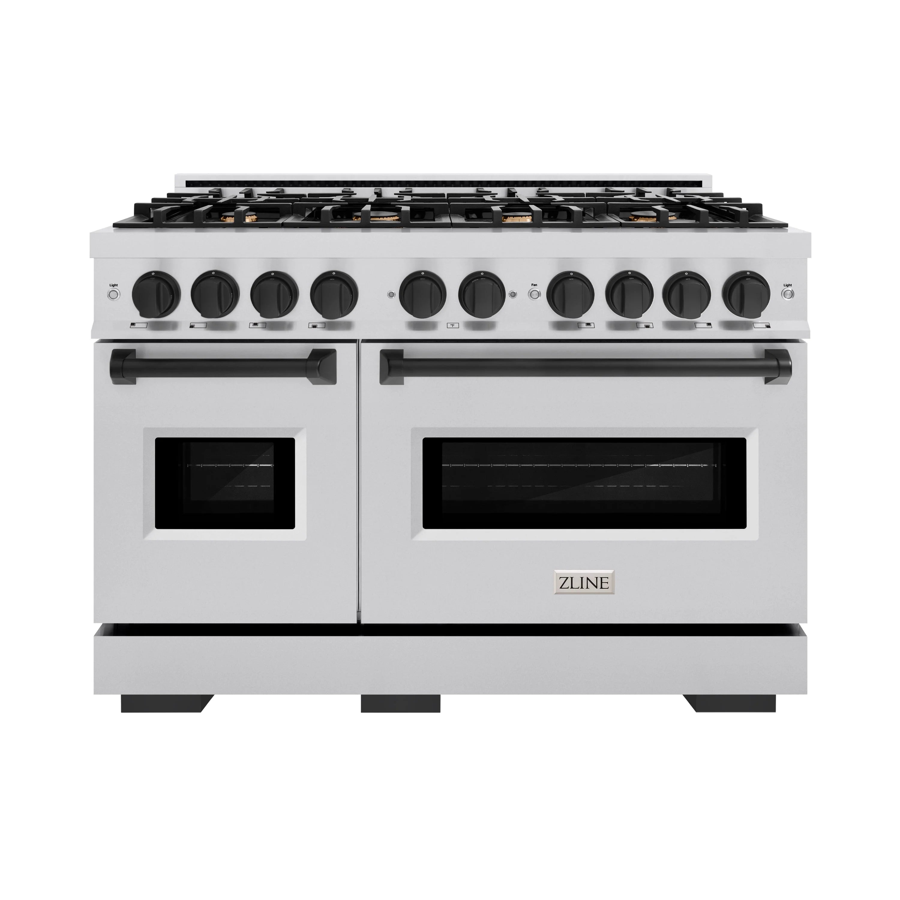 Stainless steel gas range with two black-framed ovens and multiple burner knobs