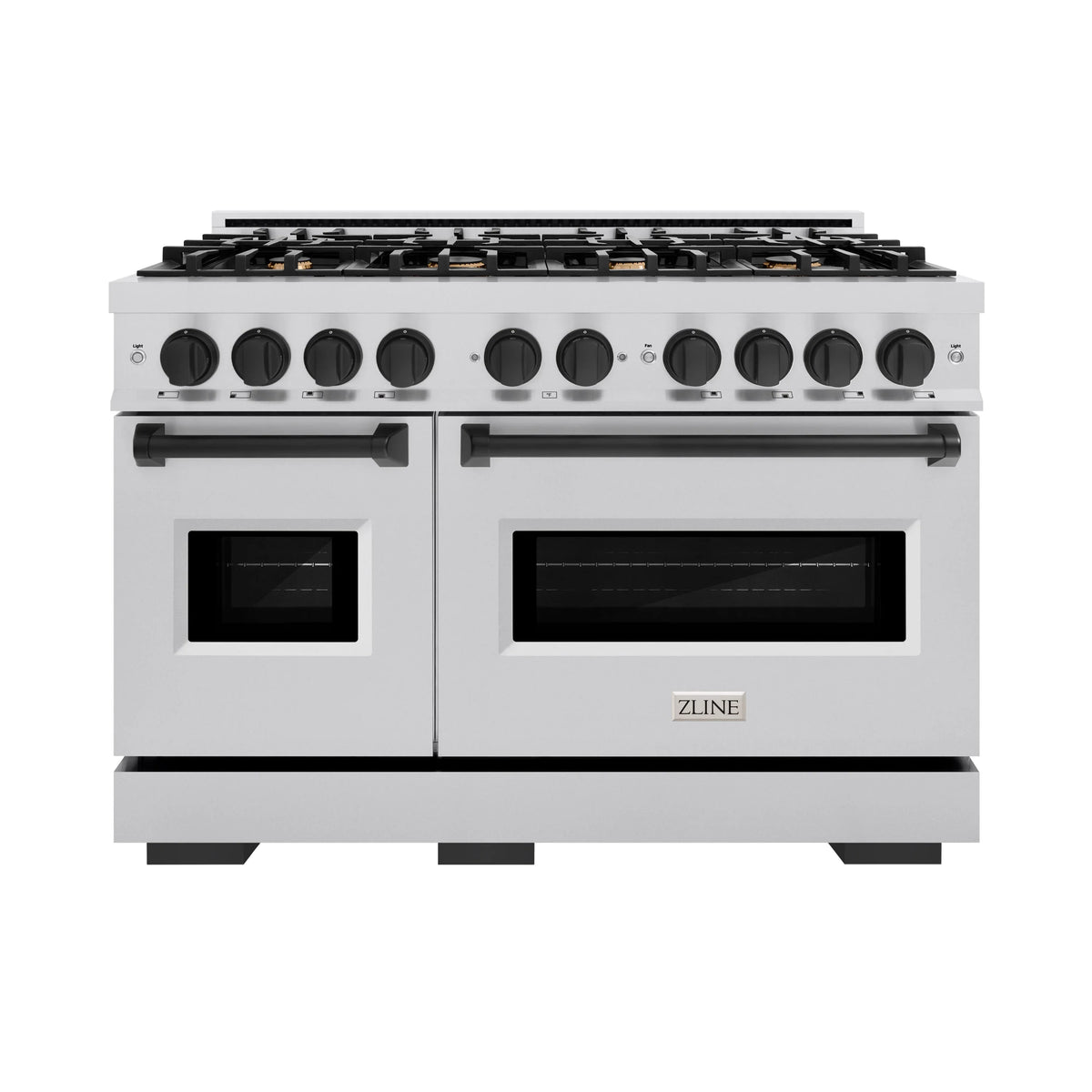 Stainless steel gas range with black knobs, dual ovens, and black burner grates