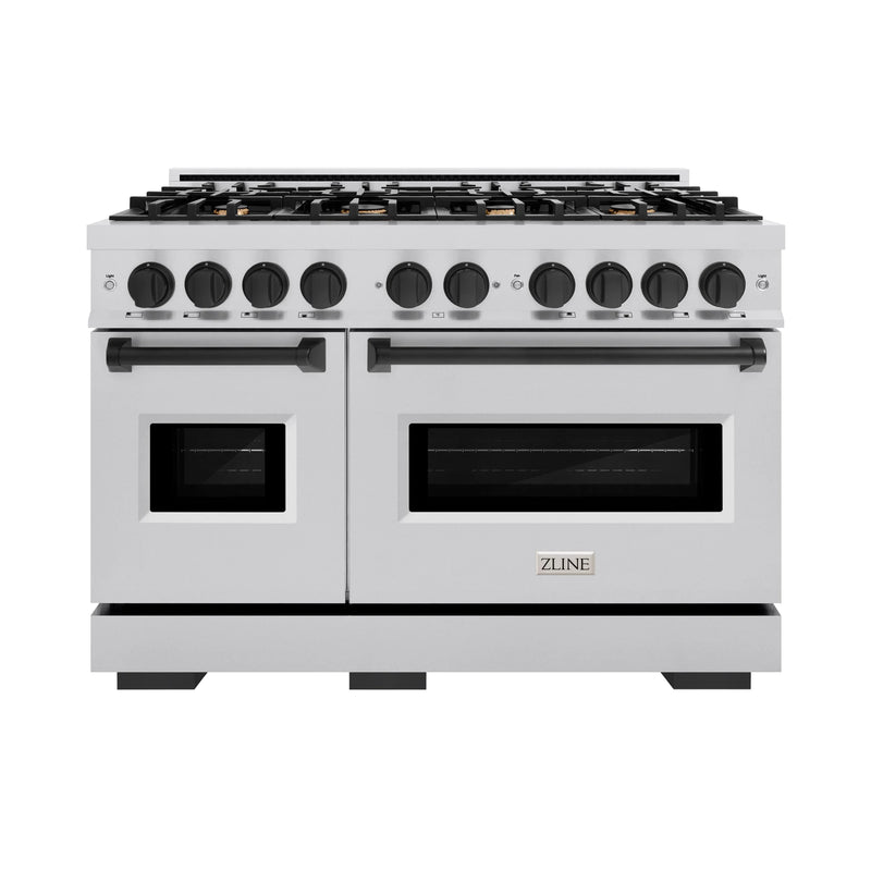 ZLINE 4-Piece Appliance Package - 48-Inch Gas Range, Hood, Refrigerator, and Dishwasher in Stainless Steel with Matte Black Accents
